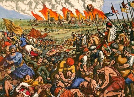 Ilustracja przedstawia bitwę pod Legnicą. Na pierwszym planie znajdują się ludzie z krótkimi mieczami okaleczających innych. Dalej na koniach jadą husarze ze skrzydłami na plecach oraz proporcami w rękach. W tle pali się cała osada.