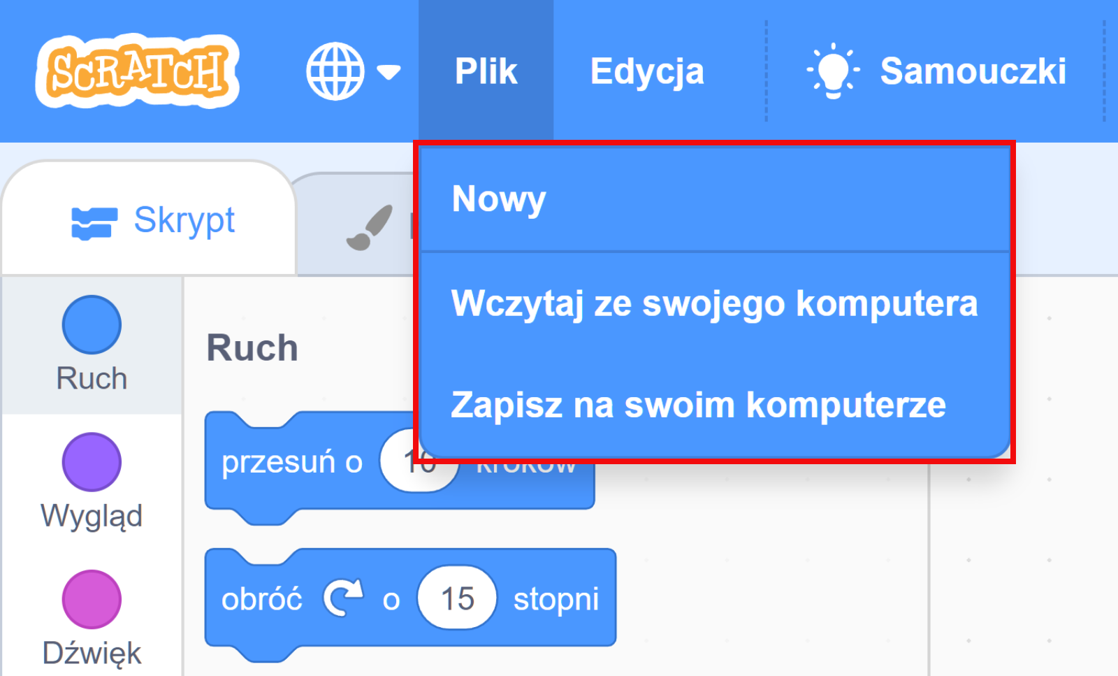 Na ekranie widoczny jest program komputerowy Scratch. W górnej części okna znajduje się pasek nawigacji z zakładkami: plik, edycja, samouczki, projekt Scratch. Na środku ekranu widoczna jest rozwijana lista z zakładki plik z następującymi opcjami: nowy, wczytaj ze swojego komputera oraz zapisz na swoim komputerze. Cała lista jest zaznaczona czerwoną linią.