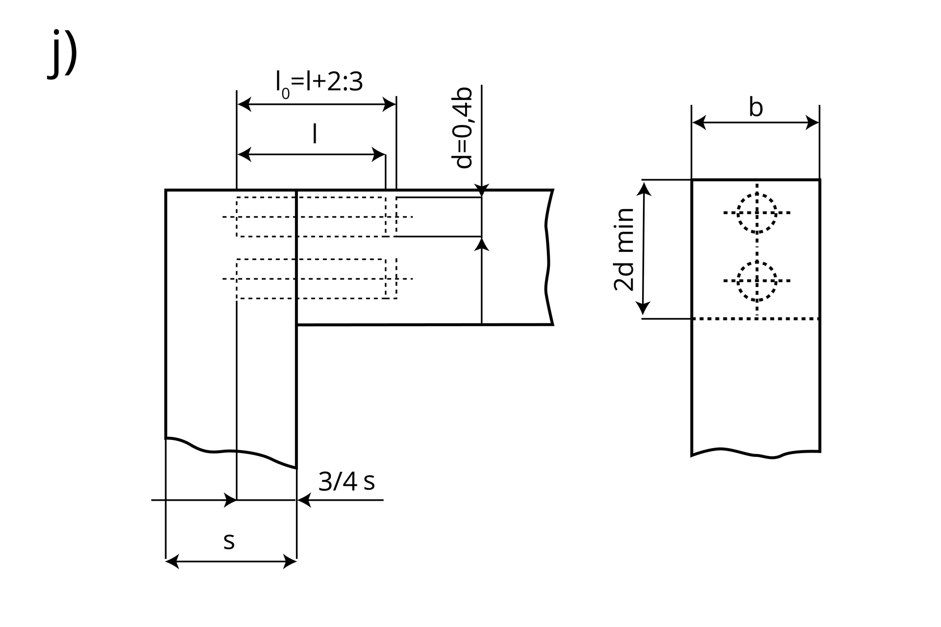 Ilustracja przedstawia złącze kołkowe. Elementy łączą się pod kątem prostym. Przebieg dwóch kołków zaznaczono linią przerywaną. 