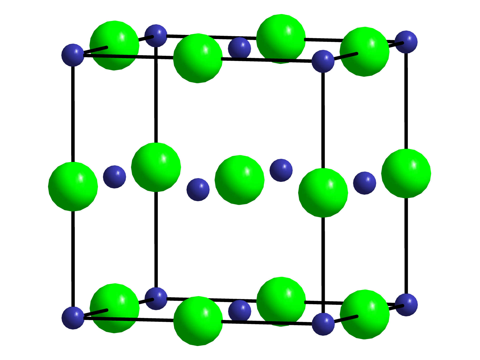 Na ilustracji przedstawiono sześcian. Zaznaczono w nim krawędzie. Na każdym wierzchołku znajduje się niebieska mała kulka, na środku każdej krawędzi duża zielona kulka, czyli przez cały sześcian przebiega naprzemiennie następujący układ kulek: dwie niebieskie na zewnątrz i jedna zielona w środku lub odwrotnie. Taki układ przebiega również przez środek sześcianu, zaczyna się od dwóch zielonych kulek po bokach i małej niebieskiej pomiędzy nimi. Są trzy rzędy kulek usytuowane względem siebie równolegle. 