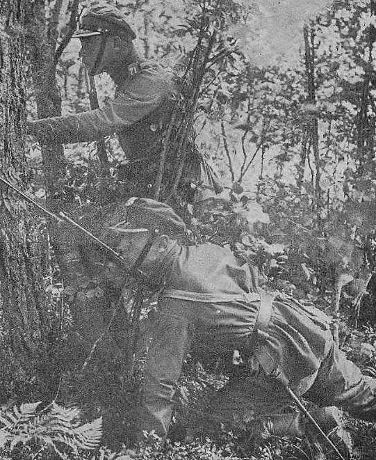 Na zdjęciu dwóch żołnierzy skrada się między drzewami.