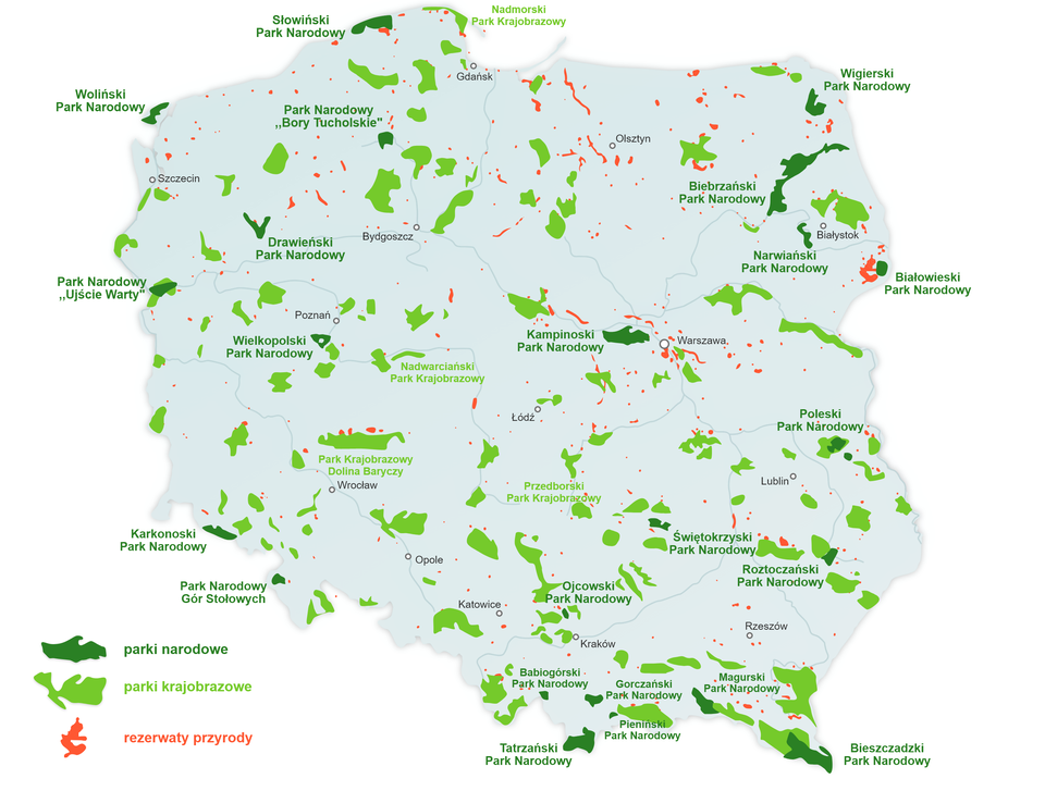 Mapa przedstawia parki narodowe, parki krajobrazowe oraz rezerwaty przyrody na obszarze Polski. Parki narodowe: 1.	W północnej części Polski to Słowiński Park Narodowy, Woliński Park Narodowy, Park Narodowy Bory Tucholskie.  2.	We wschodniej części Polski to Wigierski Park Narodowy, Narwiański Park Narodowy, Białowieski Park Narodowy, Poleski Park Narodowy, Roztoczański Park Narodowy, Świętokrzyski Park Narodowy, Magurski Park Narodowy, Bieszczadzki Park Narodowy. 3.	W centralnej części Polski to Kampinoski Park Narodowy. 4.	W południowej części Polski to Ojcowski Park Narodowy, Babiogórski Park Narodowy, Gorczański Park Narodowy, Pieniński Park Narodowy, Tatrzański Park Narodowy.  5.	W zachodniej części Polski to Park Narodowy Ujście Warty, Karkonoski Park Narodowy, Park Narodowy Gór Stołowych.  Parki krajobrazowe oznaczone na mapie to: Nadmorski Park Krajobrazowy na północy Polski, Nadwarciański Park Krajobrazowy oraz Przedborski Park Krajobrazowy w centralnej części Polski, Park Krajobrazowy Dolina Baryczy w zachodniej części Polski.  Rezerwaty przyrody oznaczono na mapie na północy Polski, tam jest ich najwięcej. Niedaleko Białowieskiego Parku Narodowego znajduje się jeden z największych w Polsce rezerwatów przyrody. Niedaleko Kampinoskiego Parku Narodowego i wokół Warszawy oznaczono rezerwaty przyrody. Dalej w pobliżu Parku Krajobrazowego Dolina Baryczy, Roztoczańskiego Parku Narodowego oraz Magurskiego Parku Narodowego.