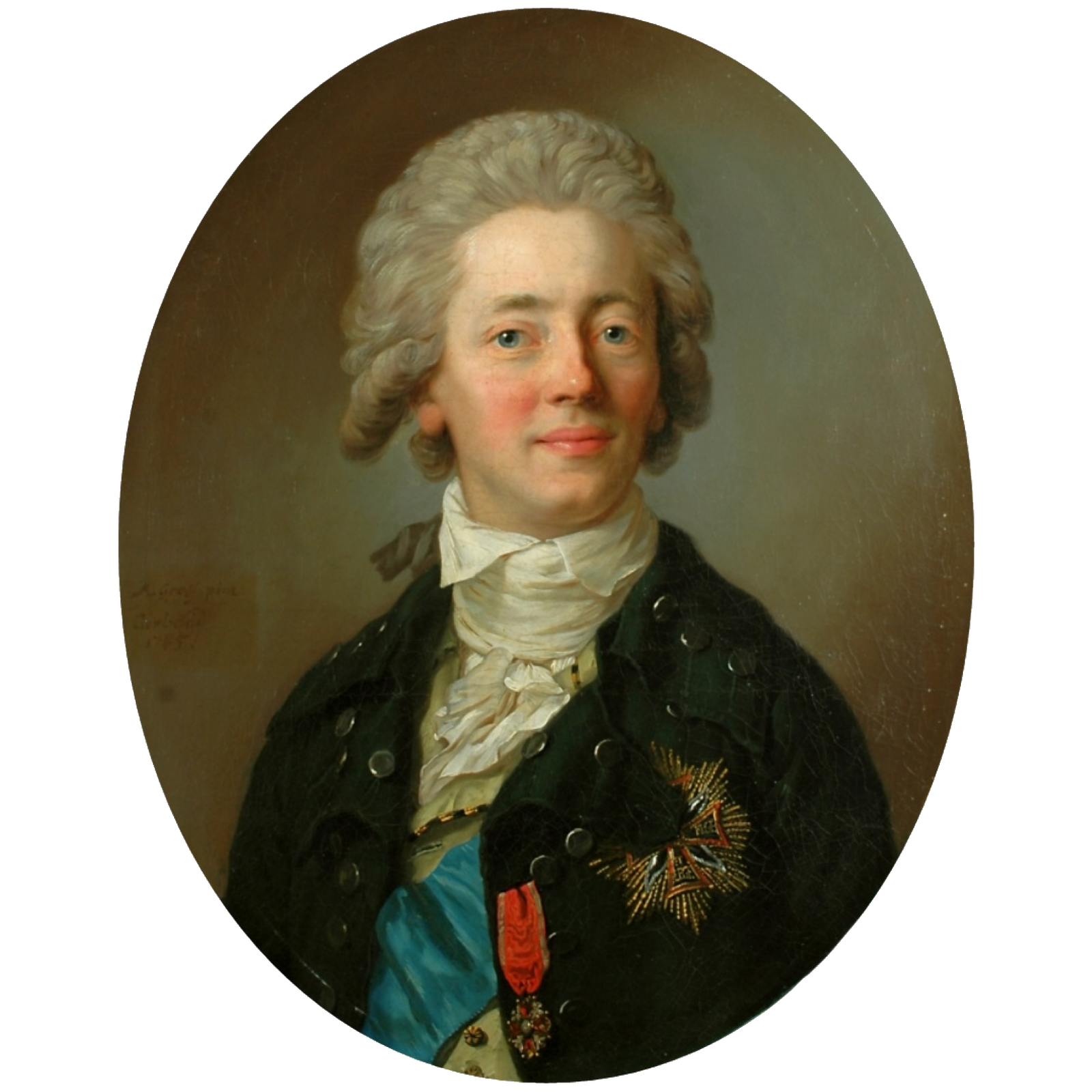 Na obrazie zaprezentowana została postać młodego mężczyzny. Jest lekko uśmiechnięty; ma zaróżowione policzki i nos. Głowę zdobi wysoko zaczesana fryzura. Ma białą koszulę z wysokim kołnierzem zasłaniającym częściowo szyję. Po lewej stronie czarnego płaszcza, na wysokości piersi, ma przypięte odznaczenia.