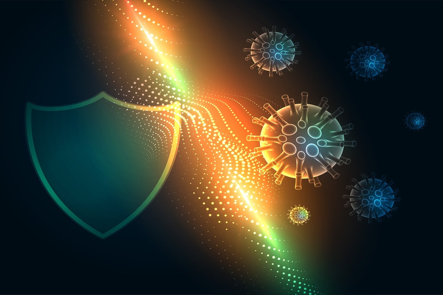 Grafika przedstawia ikonę tarczy, obok której jest pionowa smuga światła w pomarańczowo‑zielonych barwach. Po prawej stronie świetlistej smugi ukazano ikony wirusów, przedstawione jako kule, na których powierzchni są kolce. 