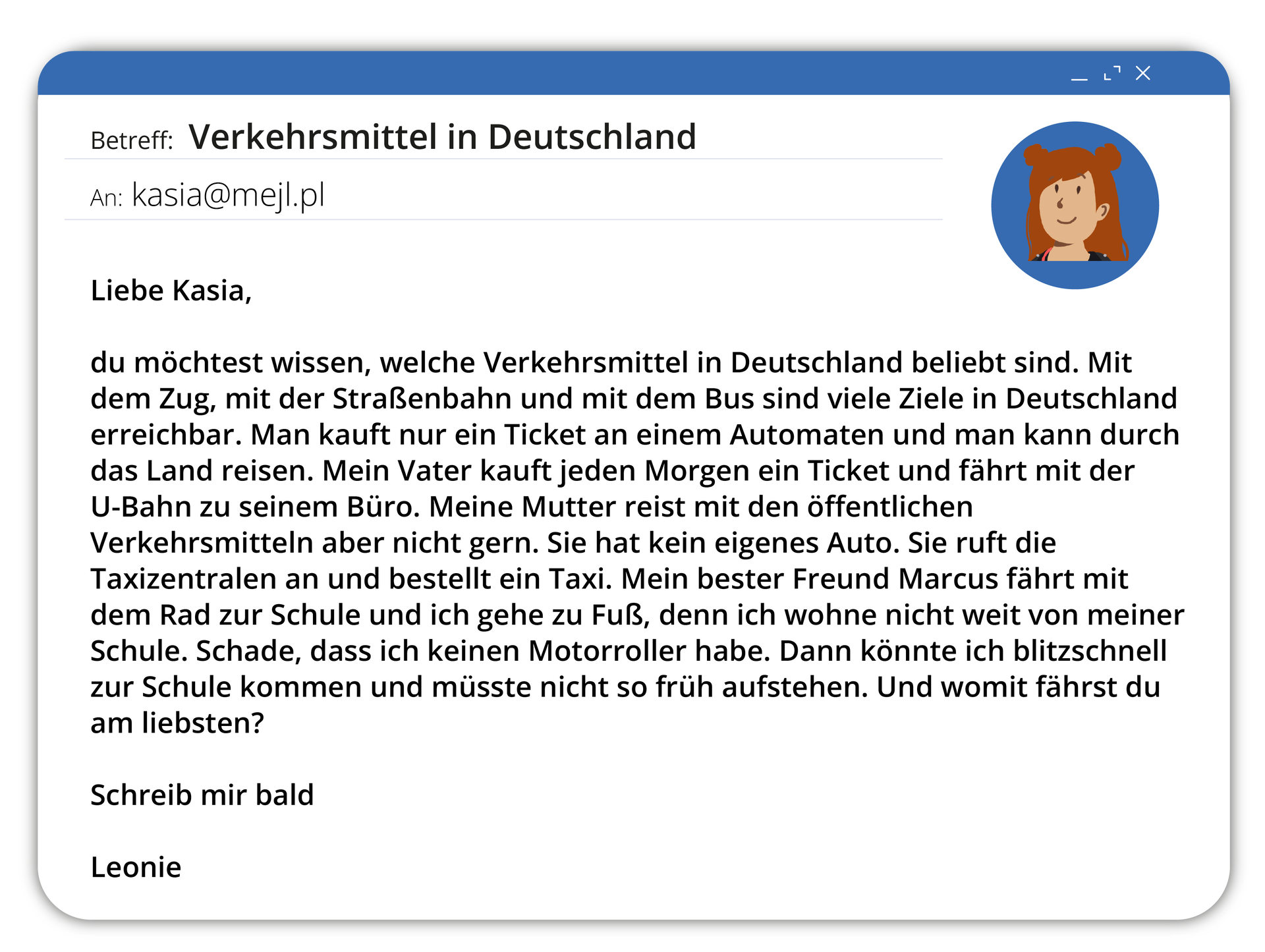 Widoczna jest ilustracja przedstawiająca wiadomość e‑mail. W prawym górnym rogu widoczny jest portret dziewczynki. Transkrypcja dostępna jest poniżej.