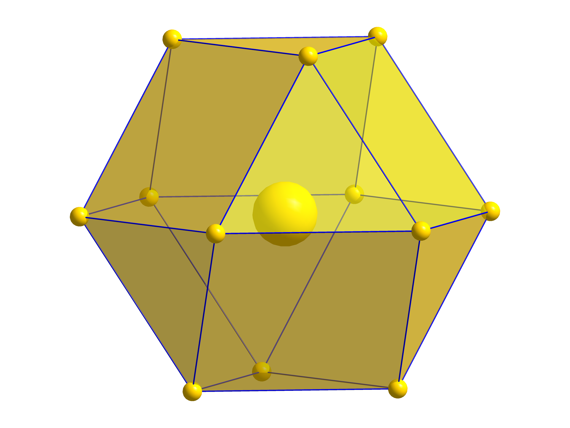 Ilustracja przedstawia żółtą bryłę geometryczną. Przez środek bryły przechodzi płaszczyzna pozioma, która jest sześciokątem. W jej wierzchołkach są małe kulki. Spód i wierzch bryły stanowią trójkąty. W ich wierzchołkach są małe kulki. Dolna i górna część bryły nie są identyczne, choć podobne - na dole jedną ze ścian jest kwadrat, u góry też, z tym że z tyłu były. W środku bryły jest duża kulka.    