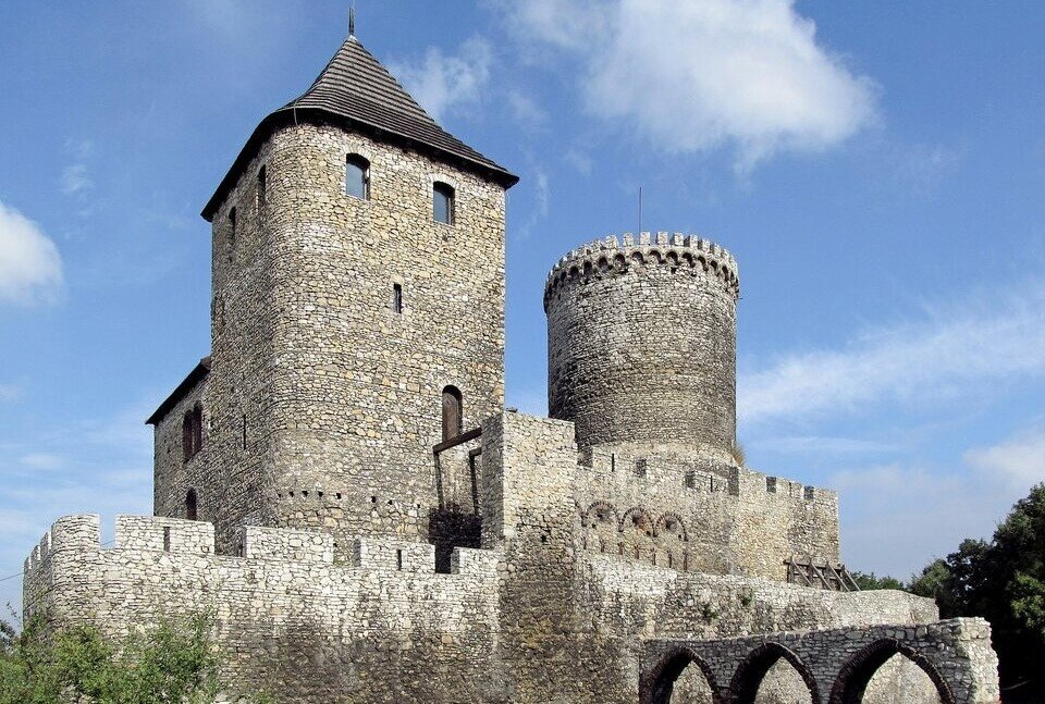 Zdjęcie przedstawia zamek w Będzinie. Zamek oraz mury obronne zostały wykonane z licznych kamieni, tworzących gruby mur. Do wysokiej,  kwadratowej wieży ze spiczastym, drewnianym dachem, dobudowano niższą część. W wieżę wbudowano małe, półkoliste okna oraz drewniane drzwi. Po prawej stronie znajduje się okrągła wieża obronna, nieco niższa od drugiej wieży. Całość jest otoczona grubymi murami obronnymi. Po prawej stronie fotografii znajduje się kamienny most. Wokół budowli rosną drzewa. Tło stanowi jasne niebo.