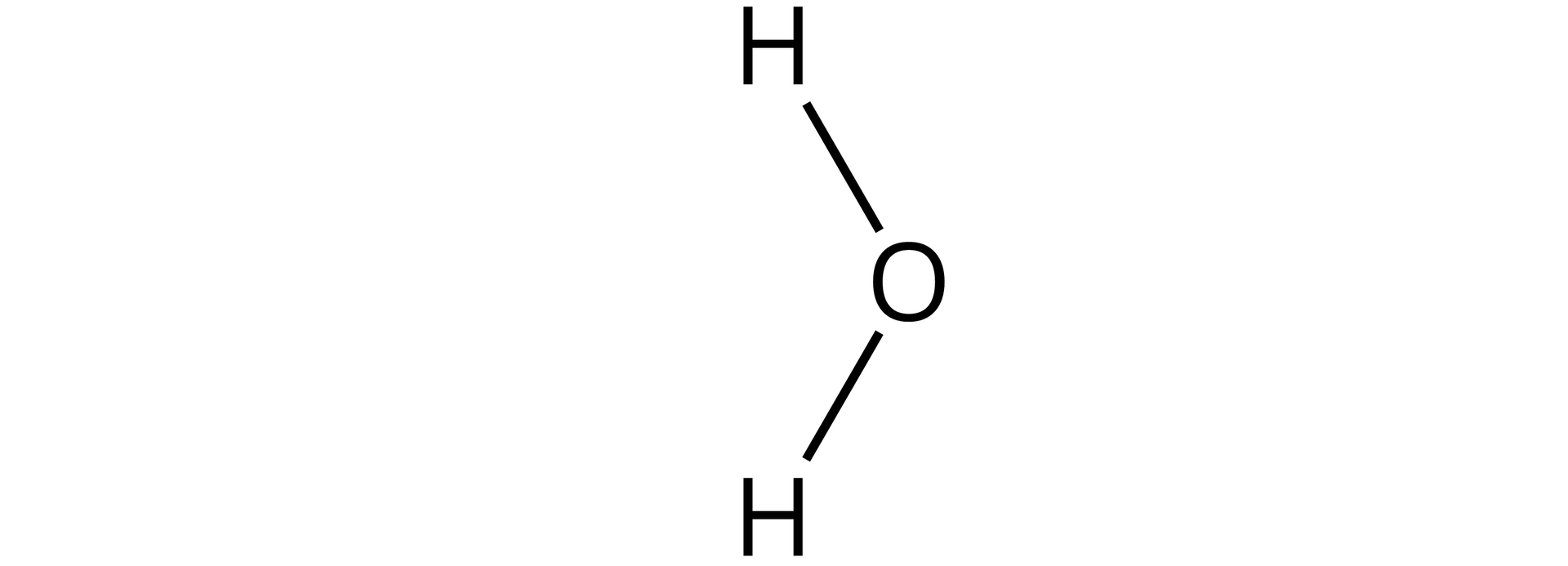 Ilustracja przedstawiająca wzór cząsteczki wody zbudowanej z atomu tlenu połączonego z dwoma atomami wodoru pod kątem stu czterech stopni. Atomy wodoru, czyli ich symbole H łączą się za pomocą wiązań pojedynczych symbolizowanych przez pojedyncze kreski z atomem tlenu, którego symbol to O.