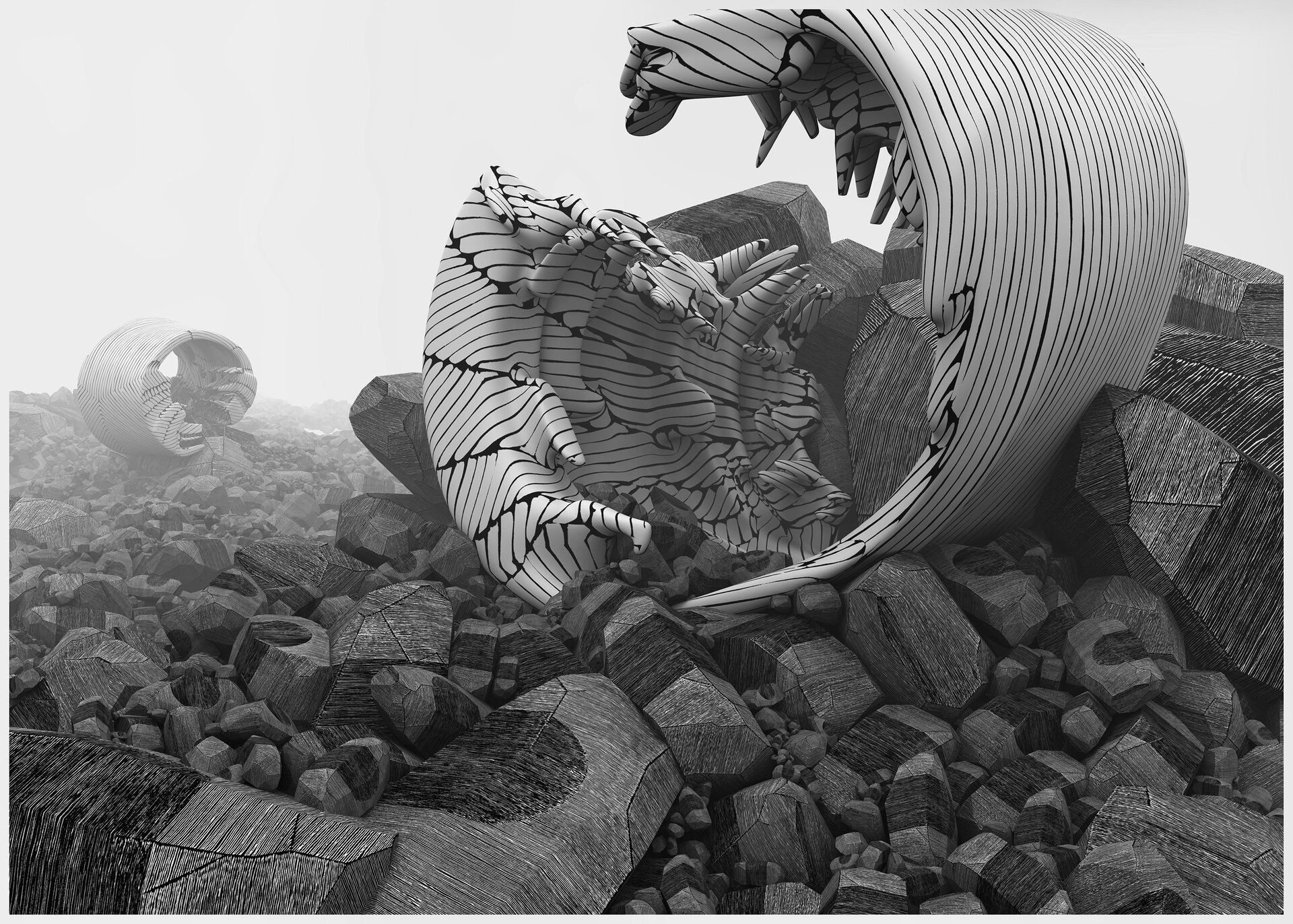 Ilustracja przedstawia grafikę cyfrową Jakuba Jaszewskiego pt. „XRYT 006”. Na grafice zostały przedstawione zniszczone rury na gruzowisko. Jest to mnóstwo małych elementów. Cała ilustracja jest w odcieniach szarości.