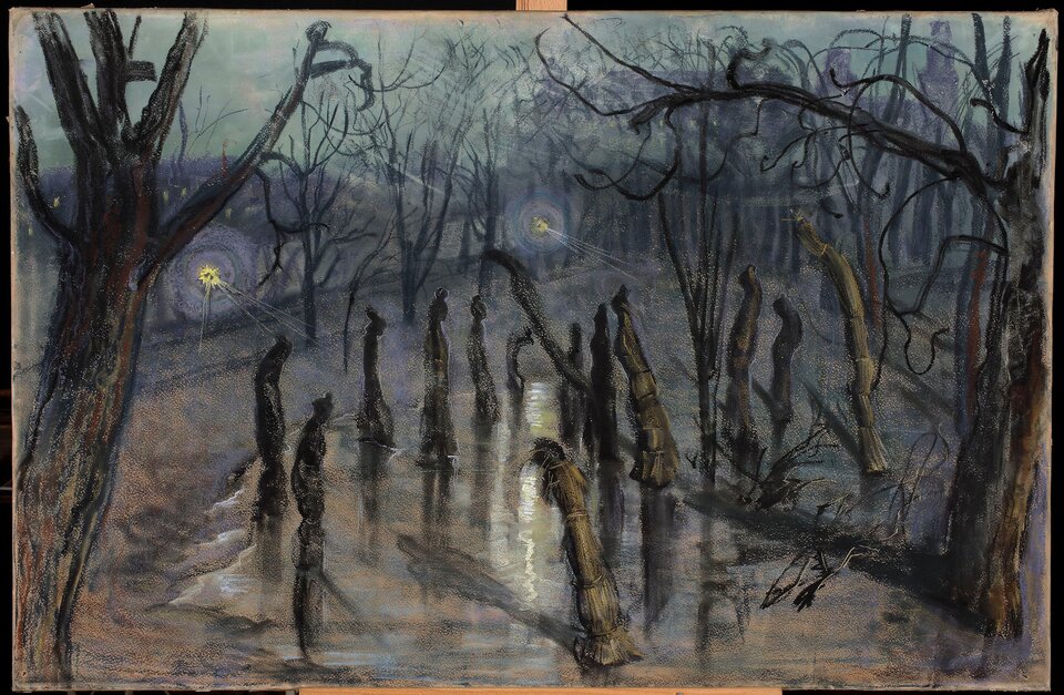 Obraz przedstawia ulicę, przy której stoi szereg słomianych chochołów. Otaczaja je bezlistne drzewa. Jest ciemną, gdzieniegdzie mrok rozświetlają latarnie.