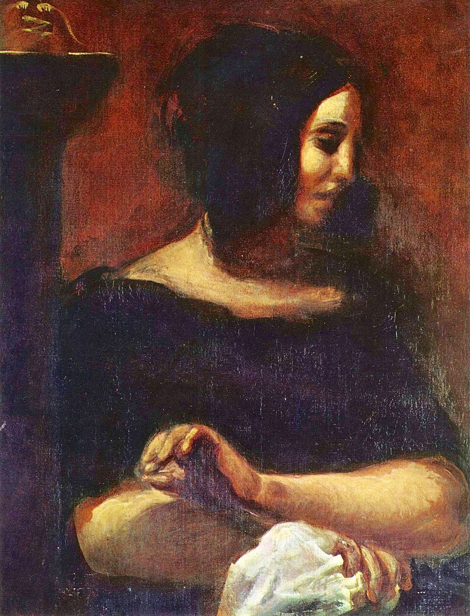 Ilustracja przedstawia obraz Eugène'a Delacroix „ Portret George Sand". Całą powierzchnię płótna zajmuje portret kobiety od pasa w górę, w głową odwróconą na bok i lekko pochyloną. W tle znajduje się ściana. Kobieta jest ubrana w czarną suknię z owalnym dekoltem i rękawami do łokcia. Ma ciemne włosy i w jednej ręce skrzyżowanej przed sobą, trzyma białą tkaninę.