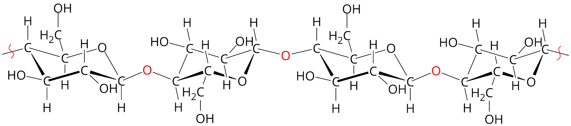 Ilustracja przedstawia fragment wzoru strukturalnego celulozy. Jest to nierozgałęziony łańcuch złożony z połączonych mostkami tlenowymi pierścieni glukozy. Mostki tlenowe powstają pomiędzy atomem węgla C1 jednego z pierścieni glukozy a atomem węgla C4 kolejnego pierścienia glukozy. Każda jednostka glukozy jest ustawiona odwrotnie (dołem do góry) względem kolejnej.
