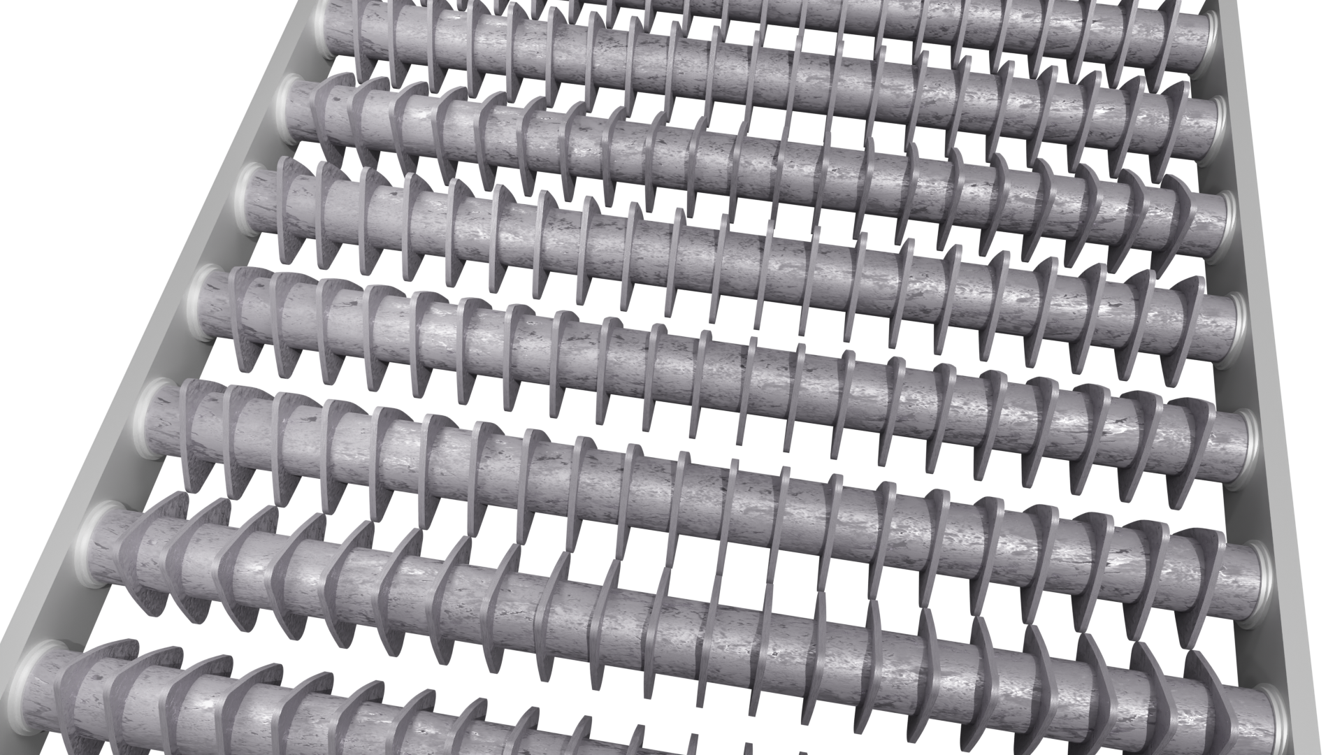 Ilustracja przedstawia model rusztowin przesiewacza obrotowego. Rusztowiny mają postać wałów rozmieszczonych równolegle względem siebie i wyznaczających płaszczyznę skierowaną pod pewnym kątem względem poziomu. Wały przecinają poprzecznie krążki przesiewające, to jest płaskie blaszki o różnych kształtach, które dobierane są w zależności od właściwości dostarczanego surowca. W tym przypadku mają one zaostrzony koniec. Ich kształt wyznaczony jest przez dwa nałożone na siebie, stykające się w punkcie zaostrzenia, łuki. Poniżej grafiki znajduje się przycisk multimedialny z nagraniem audio. Treść nagrania jest zgodna z tytułem grafiki.