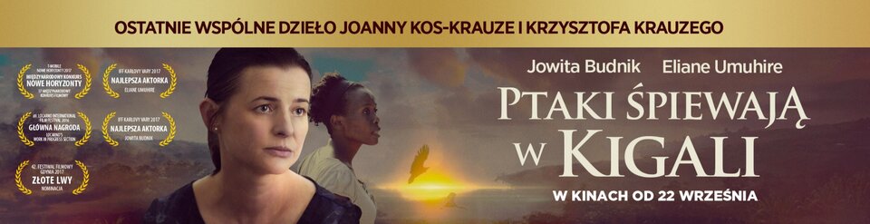 Plakat filmu „Ptaki śpiewają w Kigali” z wizerunkami dwóch kobiet na tle zachodu słońca i lecącego ptaka.