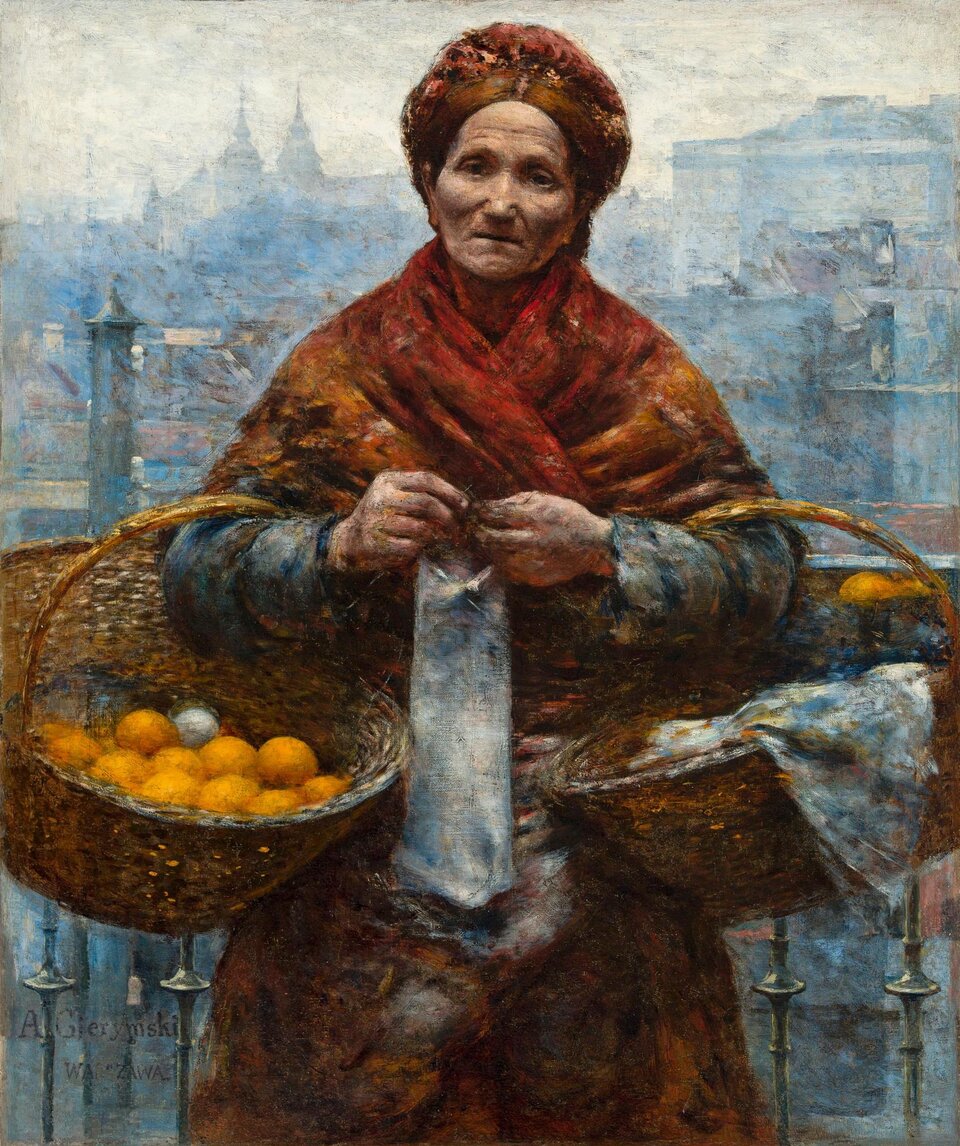 Ilustracja o kształcie pionowego prostokąta przedstawia obraz Aleksandra Gierymskiego „Żydówka z pomarańczami”. Ukazuje starszą kobietę ubraną w pomarańczowo‑czerwony strój. Jest to żydowska handlarka sprzedająca na ulicy pomarańcze. W zgiętych ramionach przewieszone ma kosze z pomarańczami. W dłoniach trzyma szydełka i fragment białej wykonanej robótki. Na jej zmęczonej, pomarszczonej twarzy, skierowanej frontalnie w stronę widza, maluje się smutek. Za nią we mgle w szaro‑niebieskich, bladych kolorach odzwierciedlony jest widok miasta. Nad nim żółtawe niebo.