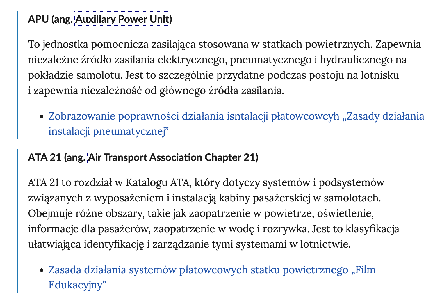 Grafika przedstawia fragment słownika pojęć. Schemat słownika wygląda następująco: pojęcie i jego wyjaśnienie pod nim a pod wyjaśnieniem znajduje się link do e‑materiału, w którym pojęcie to się pojawia.