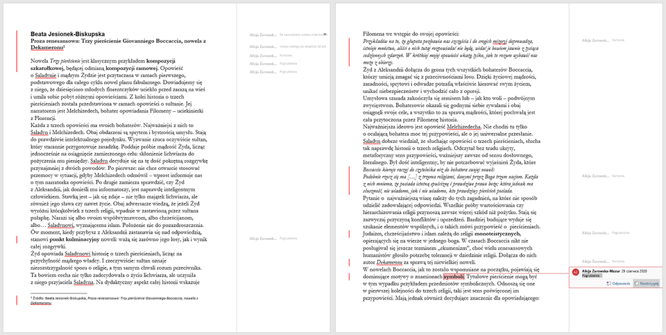 Ilustracja przedstawia fragment dokumentu w programie  Microsoft Word  autorstwa Beaty Jesionek – Biskupskiej zatytułowany "Proza renesansowa: Trzy pierścienie Giovanniego Boccaccia, nowela z Dekameronu". Na marginesie znajdują się komentarze do tekstu – niektóre z nich są rozwiązane, inne, w czerwonej ramce, wymagają rozwiązania.