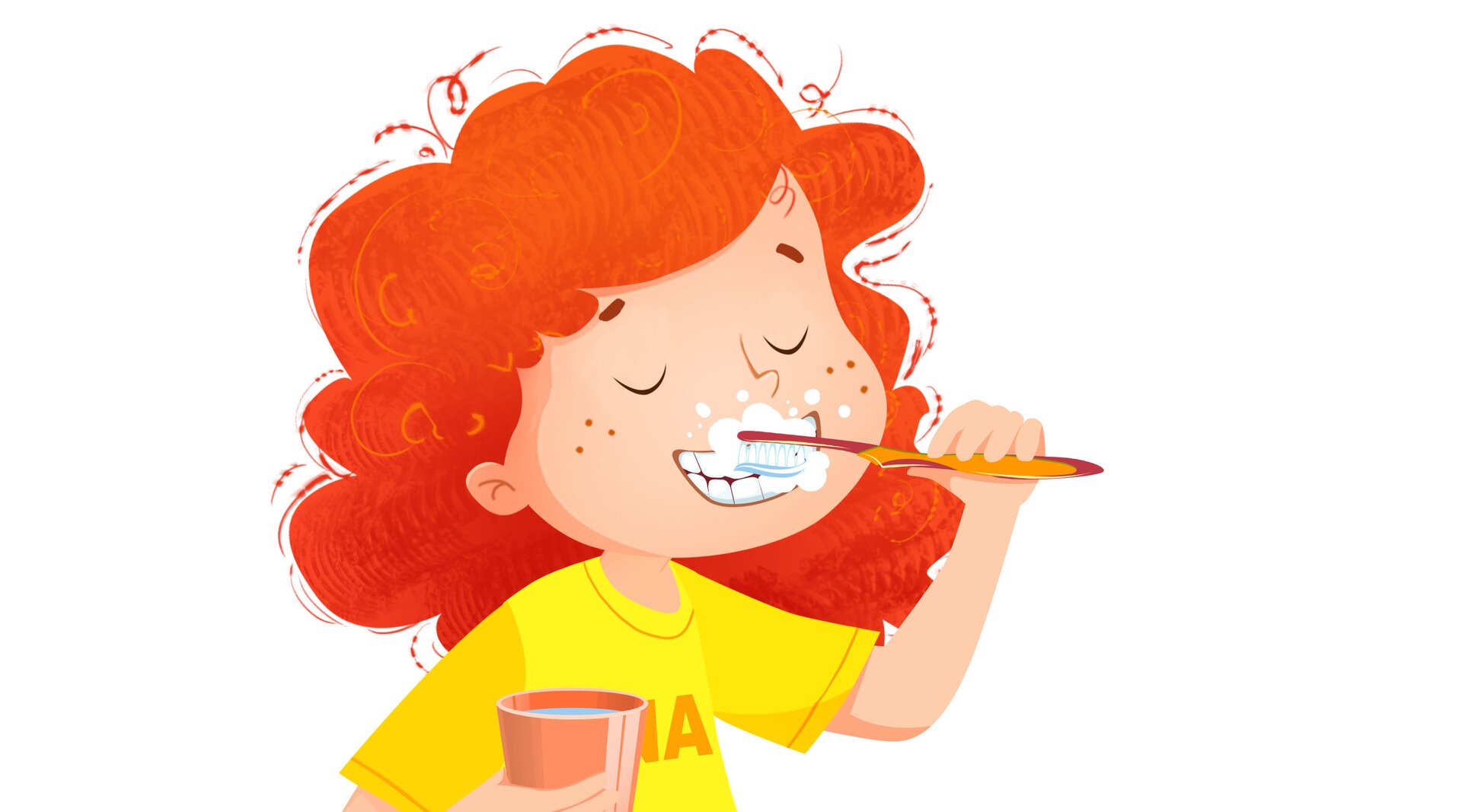 Na ilustracji znajduje się dziewczynka, która myje zęby.