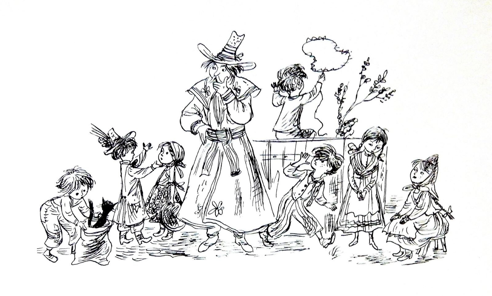 Czarno - biały rysunek sławnego ilustratora książek dla dzieci - Jana Marcina Szancera. Jest to ilustracja do wiersza Jana Brzechwy "Tydzień". Przedstawia starszego pana w kapeluszu i sukmanie, przewiązanej grubym pasem w otoczeniu swoich siedmiorga dzieci, czterech chłopców i trzech dziewczynek w wieku przedszkolnym. Mężczyzna jest bardzo zatroskany, patrzy z niedowierzaniem na dzieci. Z lewej strony chłopczyk wyciąga czarnego kota z worka, obok niego w prawo chłopczyk w kapelusiku tłumaczy coś dziewczynce, wymachując rękami. Dziewczynka słucha z uwagą, ma na głowie chustkę, a w ręce koszyk. Za ojcem siedzi na komodzie chłopczyk odwrócony tyłem i trzyma lasso, przed komodą chłopiec z niegrzeczną miną biegnie w prawą stronę, obok niego stoi dziewczynka bardzo zasmucona, ma złożone ręce. Obok niej w prawym rogu siedzi dziewczynka z długim warkoczem, w chustce na głowie. Ręce położyła na kolanach i patrzy na siostrę.