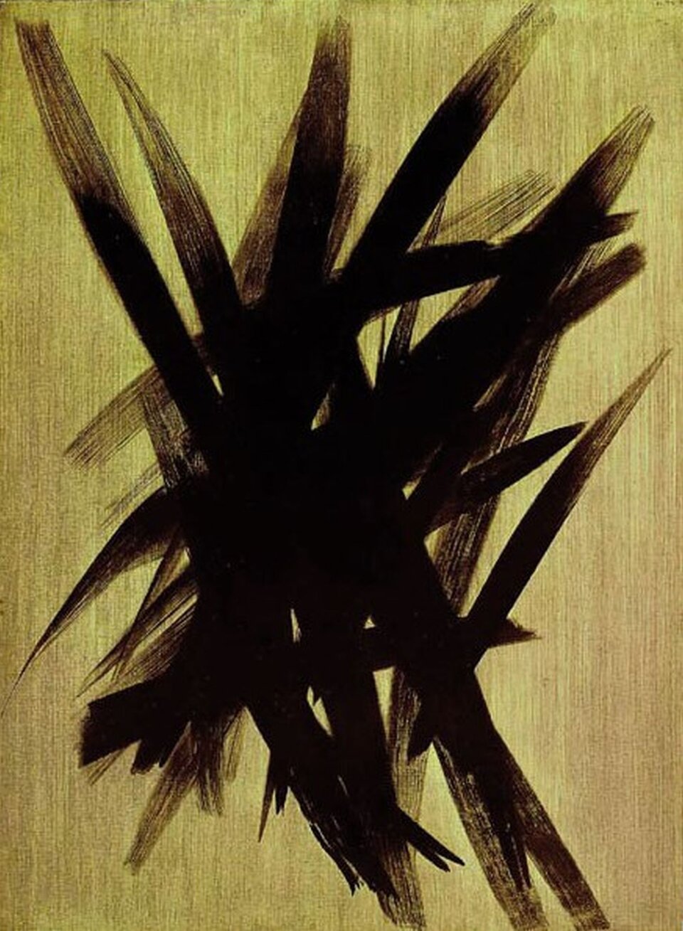 Ilustracja o kształcie pionowego prostokąta przedstawia obraz Hansa Hartunga bez tytułu (T1955‑23). Obraz ukazuje graficzne czarne linie na jasnym, żółtym tle. Skośne linie w różnych kierunkach skoncentrowane są w centrum dzieła. Przecinają się i nachodzą na siebie pod różnymi kątami i są na końcach urywane. Brzegi tła pozostały niezamalowane przez czerń.  