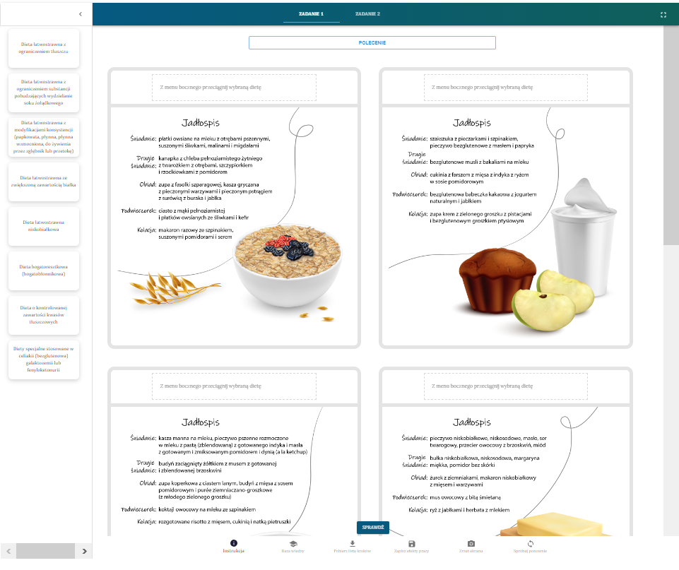Grafika przedstawia przykładowy widok programu ćwiczeniowego zatytułowanego Techniki układania diety i poprawnego jadłospisu w żywieniu dietetycznym w gastronomii.