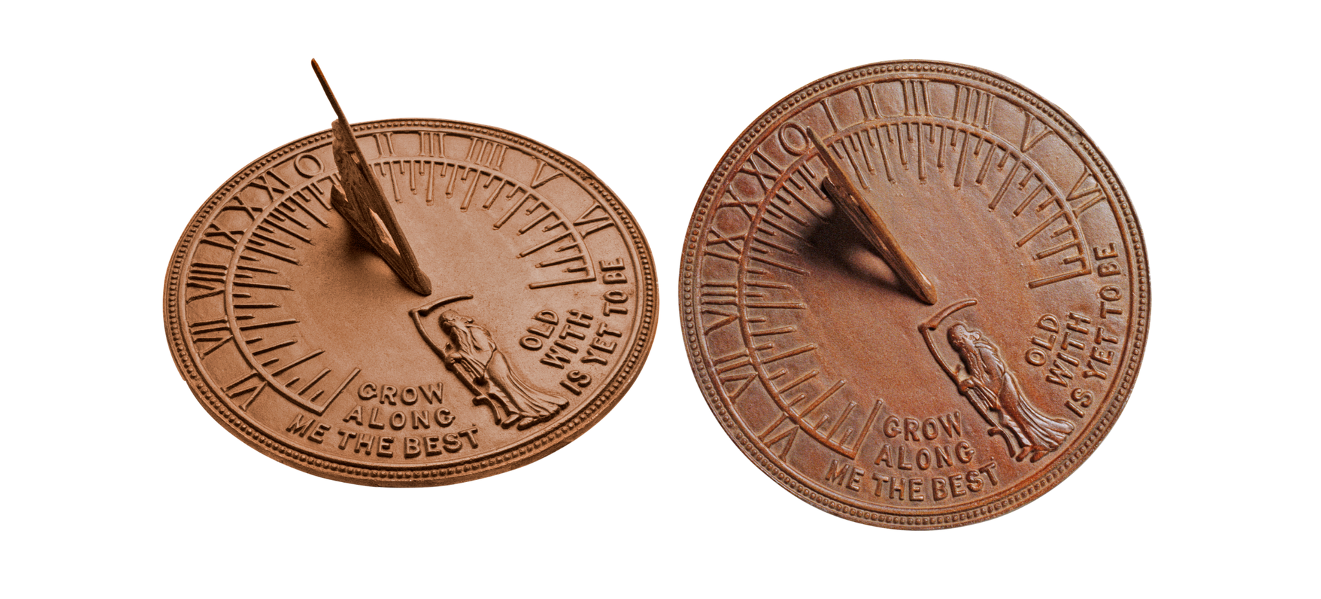 Zdjęcie przedstawia zdobiony gliniany zegar słoneczny  dwóch różnych ujęć (od góry i pod skosem).