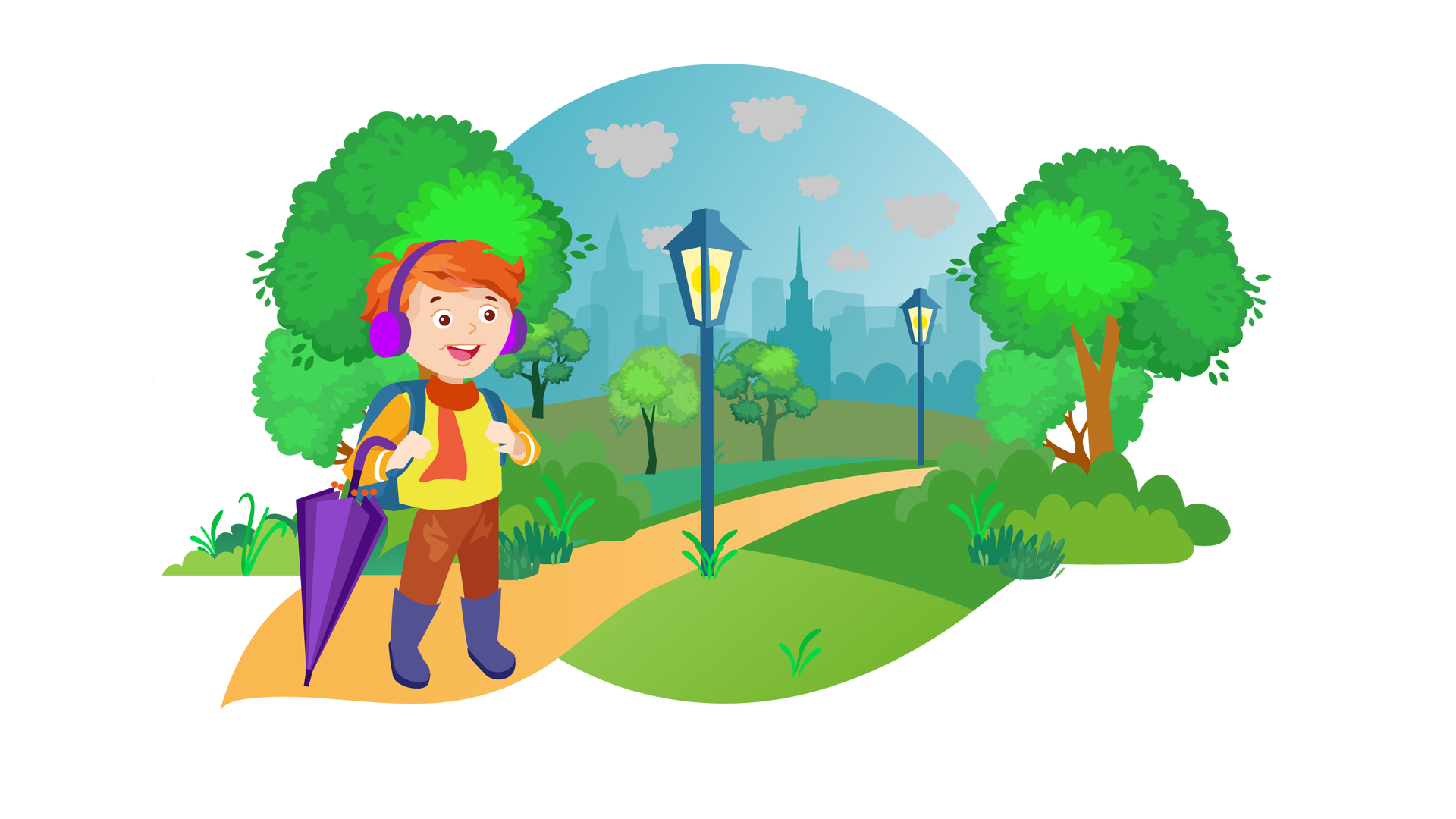 Ilustracja przedstawia pagórkowaty teren porośnięty zielenią. W tle widać błękitne niebo z szarymi chmurami oraz zarys budynków miejskich. Gdzieniegdzie rosną pojedyncze drzewa liściaste, niskie zielone krzewy i kępki wysokiej trawy. Środkiem ilustracji biegnie ścieżka. Po jej obu stronach znajdują się dwie wysokie granatowe latarnie, które dają żółte światło. Na początku ścieżki, po lewej stronie ilustracji, stoi uśmiechnięty Franek. Jest ubrany w żółtą bluzę z długimi pomarańczowymi rękawami, długie brązowe spodnie, granatowofioletowe kalosze i ciemnopomarańczowy szalik. Na głowie ma fioletowe nauszniki. Na plecach niesie granatowy plecak. O prawe ramię chłopca jest zaczepiony złożony fioletowy parasol.