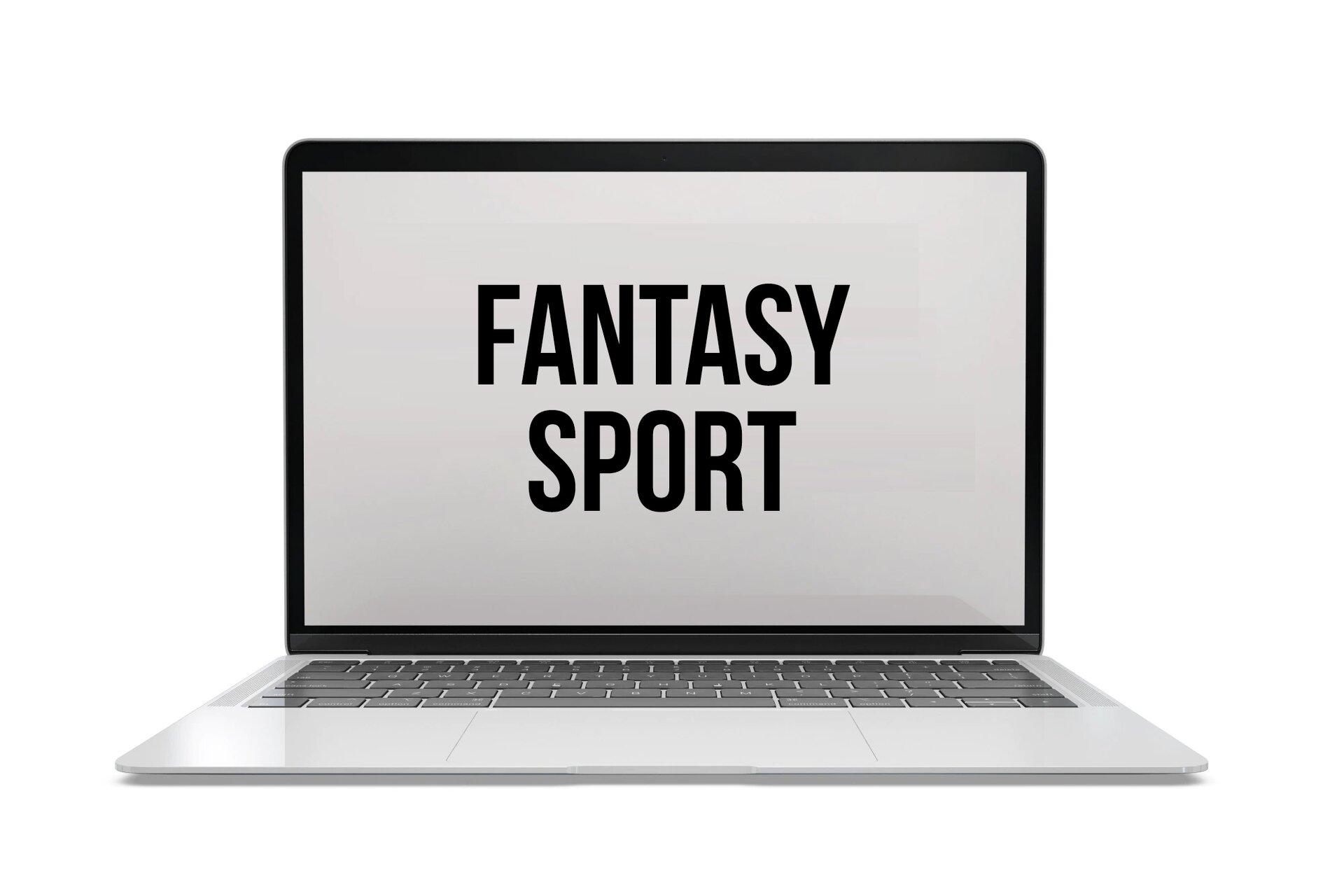 Grafika przedstawia otwarty laptop, na ekranie którego widoczny jest napis w języku angielskim: FANTASY SPORT.