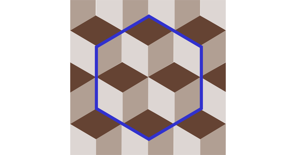 Ilustracja przedstawia mozaikę w kształcie sześciokąta foremnego. Składa się z 12 rombów. 