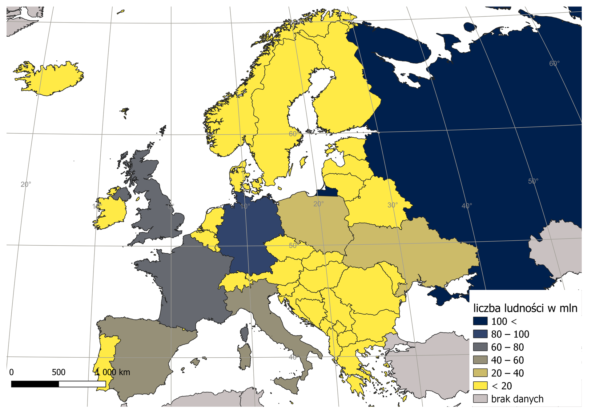 Ilustracja przedstawia mapę Europy. Na mapie zaznaczono różnymi kolorami państwa. Kolory odpowiadają wielkości liczby osób w danym kraju. Obok mapy jest legenda. Ma ona postać słupka, który wypełniony jest kolorami. Najniższą wartość oznaczono kolorem niebieskim, najwyższą czerwonym. Barwy przechodzą jedna w drugą wraz ze wzrostem wartości. Według legendy na mapie zaznaczono na czerwono państwa o największej liczbie ludności w Europie w 2021 roku, są to: Wielka Brytania (87,3 mln), Niemcy (83,4 mln) i Francja (64,5 mln). Jaśniejszym kolorem oznaczono Hiszpanię (47,5 mln) oraz Ukrainę (43,5 mln). Pomarańczową barwą oznaczono Polskę (37,9 mln), jaśniejszą barwą Rumunię (19,3), Holandię (17,5 mln) oraz Szwecję (10,5 mln). Odcieniami niebieskiego zaznaczono resztę państw Europy. Państwa o najniższej liczbie ludności to Czarnogóra (0,6 mln), Estonia (1,3 mln) oraz Kosowo (1,7 mln). Na mapie znajduje się siatka kartograficzna, na której opisano wartości południków i równoleżników co 20 stopni. 