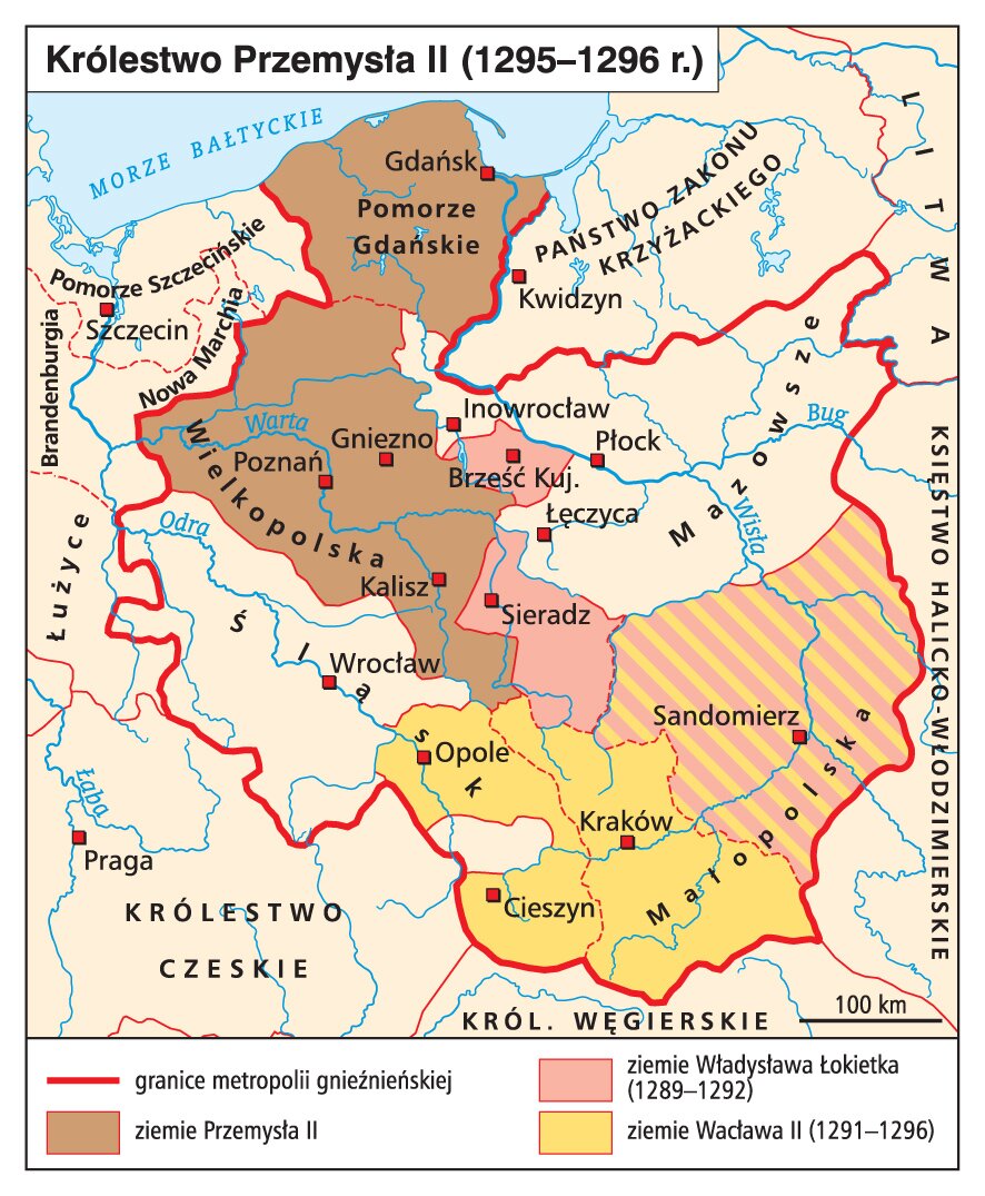 Mapa przedstawia Królestwo Przemysła drugiego od 1295 do 1296 roku. W obszar metropolii gnieźnieńskiej wchodziło Pomorze Gdańskie, Wielkopolska, Śląsk, Mazowsze oraz Małopolska. Przemysł drugi kontrolował Pomorze Gdańskie i Wielkopolskę. Władysław Łokietek od 1289 do 1292 roku kontrolował Ziemie Sandomierską i tereny wokół Sieradza i Brześcia Kujawskiego.  Ziemiami Wacława drugiego od 1291 do 1296 roku była Małopolską i Górny Śląsk oraz Ziemia Sandomierska. 