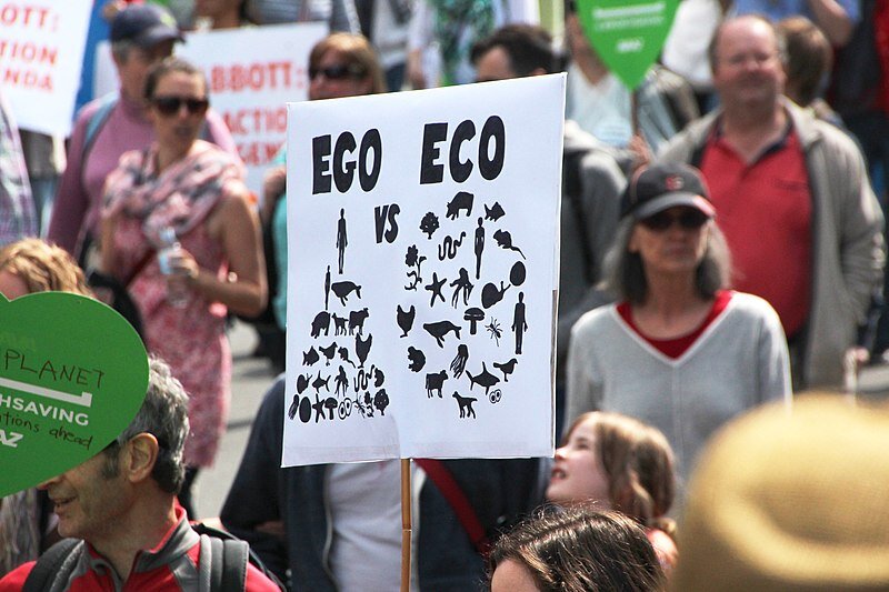 Na zdjęciu widoczny jest tłum ludzi, którzy biorą udział w manifestacji. Manifestacja dotyczy ekologicznego życia i ochrony planety. Ludzie trzymają w rękach różne banery. Na jednym z nich jest zestawienie ludzkiego ego oraz eko. Na banerze z podpisem EGO znajduje się rysunek człowieka oraz roślin i zwierząt od krów przez świnie, konie, kury, ale i wieloryby, rekiny czy mięczaki morskie. Elementy układają się w kształt piramidy. Człowiek jest umiejscowiony na szczycie piramidy, co sugeruje, że jest głównym konsumentem świata zwierząt i roślin. Obok na banerze z podpisem EKO zestawiono tego człowieka z obrazkiem, na którym nie jest on na szczycie piramidy, ale stanowi jeden ze wspólnych elementów świata roślin i zwierząt ułożonych w kształcie koła.