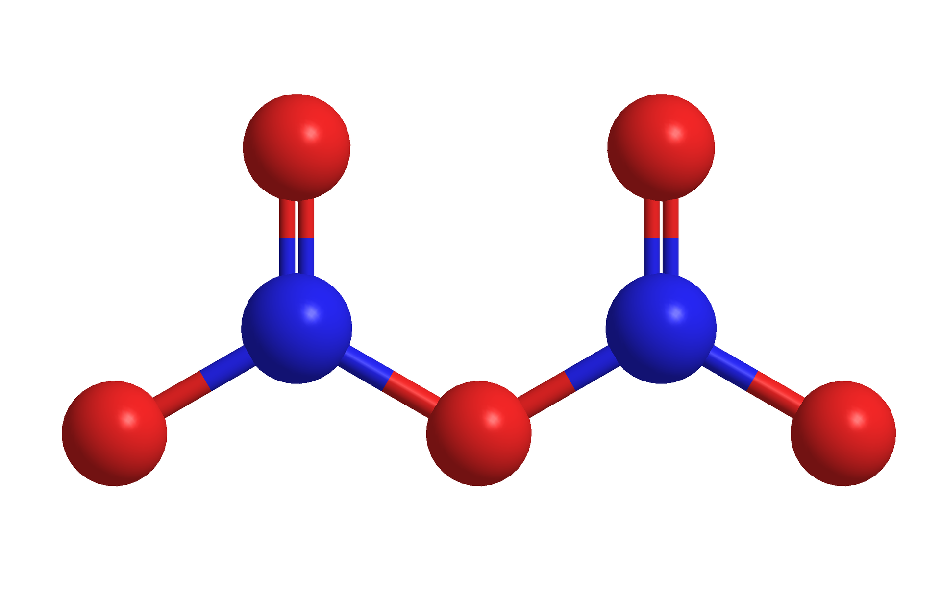 Na ilustracji jest model cząsteczki. Są dwie niebieskie kulki. Każda z nich łączy się na górze wiązaniem podwójnym z czerwoną kulką oraz na dole z czerwoną kulką. Niebieskie kulki łączą się za pośrednictwem jednej wspólnej czerwonej kulki. 