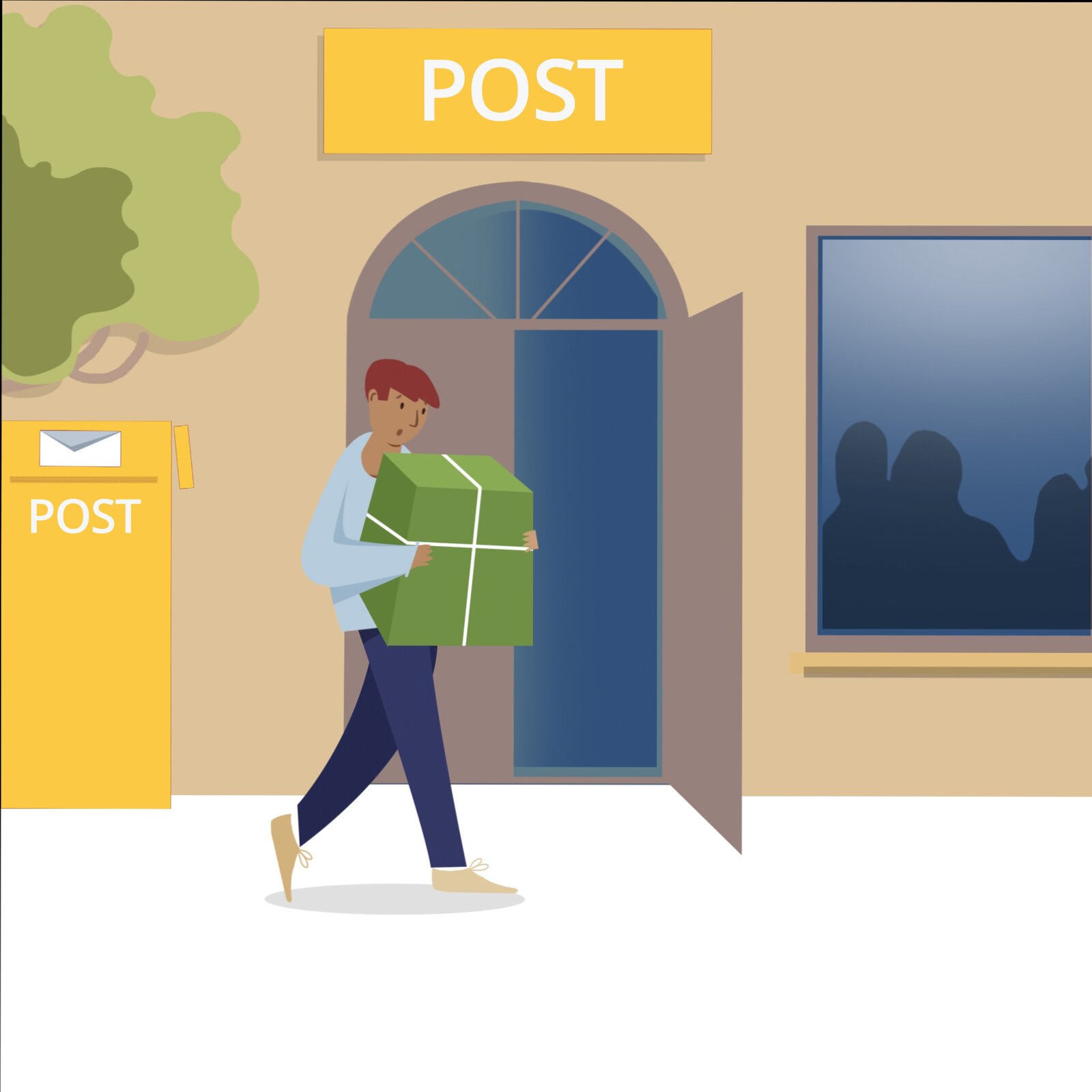 Ilustracja przedstawia młodego mężczyznę trzymającego w rękach dużą paczkę. Mężczyzna idzie w stronę otwartych drzwi, nad którymi wisi szyld Post. W pobliżu drzwi znajduje się stojąca skrzynka pocztowa, także z napisem Post.