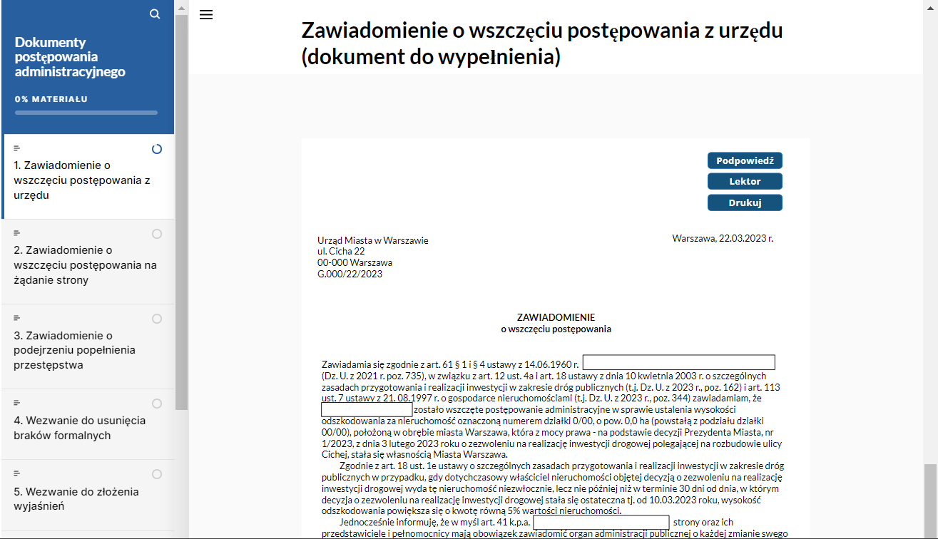 Widok na dokument do wypełenienia