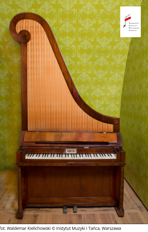 Zdjęcie przedstawia fortepian pionowy - tzw. fortepian żyrafa. Jest to rodzaj klawikordu, w którym struny są ustawione pionowo w kształcie trójkąta. Swym kształtem przypomina harfę i był pierwowzorem pianina. 