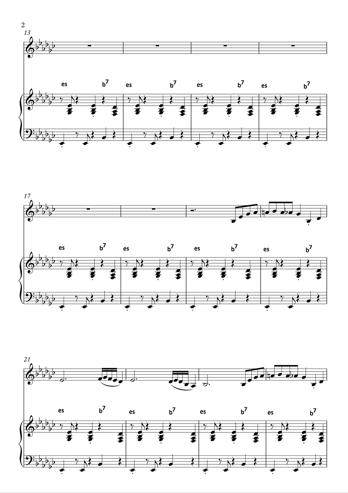 Take five” Grafika przedstawia partyturę utworu „Take five” autorstwaDave’a Brubecka”. Utwór jest napisany w tonacji Ges- dur. Partytura jest podzielona na dwie partie: instrumentu prowadzącego (w tym przypadku saksofonu altowego) oraz fortepianu. Wszystkie dźwięki znajdują się w obrębie oktaw od kontra do dwukreślnej; są zapisane w kluczu wiolinowym (saksofon) oraz wiolinowym i basowym (fortepian). W partii saksofonu na pierwsze dziewięć taktów zapisano pauzę generalną. W tym czasie gra wyłącznie fortepian. Na początku utworu zapisano złożony z dwóch akordów motyw: najpierw grany jest akord es‑moll, przez pierwsze trzy miary, a następnie akord b‑moll z septymą małą. W pierwszym takcie na pierwszą miarę w kluczu basowym w partii fortepianu grana jest ćwierćnuta es z artykulacją staccato . Następnie zapisano pauzę ósemkową, dalej ósemkę es. Na trzecią miarę zapisana jest pauza ćwierćnutowa, następnie na czwartą miarę ćwierćnuta b, a na miarę piątą ponownie pauza ćwierćnutowa. W kluczu wiolinowym w partii fortepianu na pierwszą miarę zapisana jest pauza ósemkowa, następnie ósemka‑trójdźwięk, złożona z dźwięków ges, b oraz es (tworząca akord es‑moll). Na drugą miarę zapisano pauzę ćwierćnutową, następnie na miarę trzecią zapisano taki sam trójdźwięk (g, b i es), ale jako ćwierćnutę z artykulacją staccato . Na miarę czwartą zapisano pauzę ćwierćnutową, natomiast na ostatnią, piątą miarę ćwierćnutę‑trójdźwięk, składającą się z dźwięków f, as oraz des (tworzący akord b‑moll z septymą małą). W pierwszych dwóch linijkach utworu, czyli w taktach od pierwszego do ósmego, grany na fortepianie motyw miejscami jest delikatnie zmieniany. W takcie drugim jedyną zmianą w stosunku do pierwszego jest zagranie w kluczu basowym na miarę trzecią pauzy ósemkowej (zamiast ćwierćnutowej) oraz dodatkowej ósemki es. Takt trzeci jest identyczny z pierwszym. W takcie czwartym zmieniony jest tylko grany na miarę trzecią trójdźwięk‑ćwierćnuta – tu grany jest tylko dwudźwięk, składający się z dźwięków ges oraz b (ale nadal z artykulacją staccato ). Takt piąty ponownie jest identyczny z pierwszym. W takcie szóstym jedyną zmianą w stosunku do pierwszego jest zagranie w kluczu wiolinowym na miarę raz i ósemki‑dwudźwięku (ges oraz b) zamiast trójdźwięku z dodatkowym es. Takt siódmy jest taki sam, jak takt pierwszy; takt ósmy jest identyczny z taktem czwartym, czyli zmieniony jest tylko grany na miarę trzecią trójdźwięk‑ćwierćnuta – tu grany jest tylko dwudźwięk, składający się z dźwięków ges oraz b (ale nadal z artykulacją staccato ). W kolejnej, trzeciej linijce, motyw grany na fortepianie jest taki sam we wszystkich taktach (czyli od dziewiątego do dwunastego). Jest on taki sam, jak w takcie pierwszym: na pierwszą miarę w kluczu basowym w partii fortepianu grana jest ćwierćnuta es z artykulacją staccato . Następnie zapisano pauzę ósemkową, dalej ósemkę es. Na trzecią miarę zapisana jest pauza ćwierćnutowa, następnie na czwartą miarę ćwierćnuta b, a na miarę piątą ponownie pauza ćwierćnutowa. W kluczu wiolinowym w partii fortepianu na pierwszą miarę zapisana jest pauza ósemkowa, następnie ósemka‑trójdźwięk, złożona z dźwięków ges, b oraz es (tworząca akord es‑moll). Na drugą miarę zapisano pauzę ćwierćnutową, następnie na miarę trzecią zapisano taki sam trójdźwięk (g, b i es), ale jako ćwierćnutę z artykulacją staccato . Na miarę czwartą zapisano pauzę ćwierćnutową, natomiast na ostatnią, piątą miarę ćwierćnutę‑trójdźwięk, składającą się z dźwięków f, as oraz des (tworzący akord b‑moll z septymą małą). W takcie dziewiątym w kluczu wiolinowym zapisano pauzę generalną. W kolejnym, dziesiątym takcie na miarę pierwszą zapisaną trwającą trzy miary pauzę półnutową z kropką. Na czwartą miarę grana jest ćwierćnuta es z artykulacją staccato , a na miarę piątą ćwierćnuta des. W takcie jedenastym na pierwszą miarę grana jest ćwierćnuta es z artykulacją staccato . Na miarę drugą zapisano pauzę ósemkową, a dalej ósemkę es. Na trzecią miarę zapisano pauzę ćwierćnutową. Na czwartą miarę grana jest ćwierćnuta b z artykulacją staccato , a na miarę piątą ćwierćnuta des. Takt dwunasty jest taki sam, jak poprzedni: na pierwszą miarę grana jest ćwierćnuta es z artykulacją staccato . Na miarę drugą zapisano pauzę ósemkową, a dalej ósemkę es. Na trzecią miarę zapisano pauzę ćwierćnutową. Na czwartą miarę grana jest ćwierćnuta b z artykulacją staccato , a na miarę piątą ćwierćnuta des. W kolejnej linijce, w taktach od trzynastego do szesnastego w partii saksofonu zapisano pauzy generalne. W partii fortepianu grany jest cztery razy ten sam motyw, co poprzednio. W taktach siedemnastym i osiemnastym w partii saksofonu zapisano pauzy generalne. W takcie dziewiętnastym na pierwszą miarę zapisano pauzę półnutową z kropką, a następnie na miarę czwartą szereg ósemek: kolejno b, es, ges oraz as. W takcie dwudziestym na pierwszą i drugą miarę zapisano cztery ósemki: a, b, a oraz as. Na trzecią miarę zapisano ćwierćnutę ges, na miarę czwartą ćwierćnutę b z artykulacją staccato , natomiast na ostatnią, piątą miarę ćwierćnutę des. Fortepian w taktach od siedemnastego do dwudziestego kontynuuje powtarzanie tego motywu, co wcześniej. W takcie dwudziestym pierwszym w partii saksofonu na pierwszą miarę grana jest półnuta z kropką es. Na miarę czwartą oraz piątą zapisano frazę: najpierw grane są cztery szesnastki, f, ges, f oraz es, a następnie ćwierćnuta des. W takcie dwudziestym drugim na pierwszą miarę grana jest półnuta z kropką es. Na miarę czwartą oraz piątą ponownie zapisano frazę, składającą się jednak z innych dźwięków: najpierw cztery szesnastki, des, es, des oraz b, a następnie grana jest ćwierćnuta as. W takcie dwudziestym trzecim na pierwszą miarę zapisano półnutę z kropką b. Na miarę czwartą grane są ósemki: kolejno b, es, ges oraz as. W takcie dwudziestym czwartym na pierwszą i drugą miarę zapisano cztery ósemki: a, b, a oraz as. Na trzecią miarę zapisano ćwierćnutę ges, na miarę czwartą ćwierćnutę b z artykulacją staccato , natomiast na ostatnią, piątą miarę ćwierćnutę des. W taktach od dwudziestego pierwszego do dwudziestego czwartego fortepian nadal powtarza motyw z taktu pierwszego (składający się z akordów es‑moll oraz b‑moll z septymą małą). W takcie dwudziestym piątym na pierwszą miarę grana jest półnuta z kropką es. Na miarę czwartą oraz piątą zapisano frazę, składającą się z czterech szesnastek (des, es, des oraz b), a następnie ćwierćnuty as. W kolejnym, dwudziestym szóstym takcie na pierwszą miarę grana jest półnuta z kropką b. Na miarę czwartą oraz piątą zapisano frazę: najpierw grane są cztery szesnastki, f, ges, f oraz es, a następnie ćwierćnuta des. W takcie dwudziestym siódmym zapisano całą nutę es na pierwszą miarę, a na miarę piątą pauzę ćwierćnutową. W takcie dwudziestym ósmym na pierwszą miarę grana jest ósemka es, następnie ćwierćnuta ges z artykulacją staccato . Dalej zapisano ósemkę es, na miarę trzecią ćwierćnutę ces, na miry czwartą oraz piątą cztery ósemki: as, b, ces oraz c. W taktach od dwudziestego piątego do dwudziestego siódmego fortepian wciąż powtarza uprzedni motyw. W takcie dwudziestym ósmym gra już inne niż do tej pory akordy. W kluczu basowym na pierwszą miarę zapisano ćwierćnutę ces z artykulacją staccato , dalej na miarę druga pauzę ósemkową, następnie ósemkę ces. Na miarę trzecią zaznaczono pauzę ćwierćnutową. Na czwartą miarę grana jest ćwierćnuta des, a na miarę piątą ponownie pauza ćwierćnutowa. W kluczu wiolinowym zapisano akordy: na pierwsze trzy miary akord Ces‑dur, na miary czwartą oraz piątą dominantę septymową z noną wielką des. Na pierwszą miarę zapisano pauzę ósemkową, następnie ósemkę‑trójdźwięk, składającą się z dźwięków ges, ces oraz es. Na miarę drugą zaznaczono pauzę ćwierćnutową, następnie na trzecią miarę trójdźwięk składający się z tych samych dźwięków, co poprzednio (ges, ces, es). Na czwartą miarę zapisano pauzę ćwierćnutową, a na miarę piątą ćwierćnutę‑trójdźwięk, złożoną z dźwięków f, ces oraz es. W takcie dwudziestym dziewiątym w partii saksofonu na pierwszą miarę grana jest ósemka des, następnie ćwierćnuta f z artykulacją staccato , a dalej ponownie ósemka des. Na trzecią miarę zapisano ćwierćnutę b, a na miary czwartą oraz piątą ósemki ges, as, a oraz b. W partii fortepianu w kluczu basowym na pierwszą miarę grana jest ćwierćnuta b (z artykulacją staccato ), następnie pauza ósemkowa, dalej ósemka b. Na miarę trzecią zapisano pauzę ćwierćnutową, na czwartą miarę ćwierćnutę es, a na ostatnią, piątą miarę pauzę ćwierćnutową. W kluczu wiolinowym w partii fortepianu na miarę pierwszą zapisano pauzę ósemkową, następnie ósemkę‑trójdźwięk, składającą się z dźwięków as, des oraz f. Na miarę drugą zapisano pauzę ćwierćnutową, a na trzecią miarę powtarzany jest taki sam trójdźwięk, jak poprzednio, ale jako ćwierćnuta. Na miarę czwartą zapisano pauzę ćwierćnutową, natomiast na piątą miarę trójdźwięk‑ćwierćnutę, składającą się z dźwięków g, des oraz f. Nad partią fortepianu zapisano akordy: nad pierwszymi trzema miarami b‑moll z septymą małą, natomiast nad miarami czwartą oraz piątą dominantę septymową z noną wielką es. W takcie trzydziestym w partii saksofonu na pierwszą miarę grana jest ósemka ces, następnie ćwierćnuta es z artykulacją staccato , a dalej ósemka ces. Na trzecią miarę wykonywana jest ćwierćnuta as, natomiast na miary czwartą oraz piątą ósemki: kolejno f, ges, as oraz a. W partii fortepianu w kluczu basowym na pierwszą miarę grana jest ćwierćnuta as z artykulacją staccato , następnie pauza ósemkowa oraz ósemka as. Na trzecią miarę zapisano pauzę ćwierćnutową, dalej ćwierćnutę des na miarę czwartą, a na miarę piątą ponownie pauzę ćwierćnutową. W kluczu wiolinowym nad partią zapisano akord as‑moll z septymą małą przez pierwsze trzy miary oraz dominantę septymową des na miary czwartą oraz piątą. Na pierwszą miarę zapisano pauzę ósemkową, po której grana jest ósemka‑trójdźwięk, składająca się z dźwięków ges, ces oraz es. Na drugą miarę zapisano pauzę ćwierćnutową, a na miarę trzecią ponownie trójdźwięk ges- ces‑es, tym razem jako ćwierćnutę. Na czwartą miarę zapisano pauzę ćwierćnutową, a na miarę piątą ćwierćnutę‑trójdźwięk: f, ces oraz des. W trzydziestym pierwszym takcie w partii saksofonu na pierwszą oraz drugą miarę grane są kolejno ósemki: b, a, b oraz ces. Na trzecią miarę wykonywana jest ćwierćnuta des z artykulacją staccato . Na miarę czwartą zapisano ósemki des oraz c (ta druga z artykulacją staccato ), natomiast na miarę piątą ósemki des oraz d. W partii fortepianu w kluczu basowym na pierwszą miarę grana jest ćwierćnuta ges, następnie pauza ósemkowa oraz ósemka ges. Dalej, na miarę trzecią, zapisano pauzę ćwierćnutową, następnie ćwierćnutę ges na czwartą miarę oraz pauzę ćwierćnutową na miarę piątą. W kluczu wiolinowym zapisano akordy: Ges‑dur z septymą wielką na miary od pierwszej do trzeciej oraz dominantę septymową ges na miary czwartą oraz piątą. Na pierwszą miarę zapisano pauzę ósemkową, następnie ósemkę‑trójdźwięk, złożoną z dźwięków f, b oraz des. Na drugą miarę zapisano pauzę ćwierćnutową, dalej ponownie trójdźwięk f‑b-es jako ćwierćnutę na miarę trzecią. Na czwartą miarę zapisano pauzę ćwierćnutową, a na miarę piątą trójdźwięk‑ćwierćnutę, złożoną z dźwięków fes, b oraz es. W takcie trzydziestym drugim na pierwszą miarę grana jest ósemka es, następnie ćwierćnuta ges z artykulacją staccato . Dalej zapisano ósemkę es, na miarę trzecią ćwierćnutę ces, na miry czwartą oraz piątą cztery ósemki: as, b, ces oraz c. W partii fortepianu w kluczu basowym na pierwszą miarę zapisano ćwierćnutę ces z artykulacją staccato , dalej na miarę druga pauzę ósemkową, następnie ósemkę ces. Na miarę trzecią zaznaczono pauzę ćwierćnutową. Na czwartą miarę grana jest ćwierćnuta des, a na miarę piątą ponownie pauza ćwierćnutowa. W kluczu wiolinowym zapisano akordy: na pierwsze trzy miary akord Ces‑dur, na miary czwartą oraz piątą dominantę septymową z noną wielką des. Na pierwszą miarę zapisano pauzę ósemkową, następnie ósemkę‑trójdźwięk, składającą się z dźwięków ges, ces oraz es. Na miarę drugą zaznaczono pauzę ćwierćnutową, następnie na trzecią miarę trójdźwięk składający się z tych samych dźwięków, co poprzednio (ges, ces, es). Na czwartą miarę zapisano pauzę ćwierćnutową, a na miarę piątą ćwierćnutę‑trójdźwięk, złożoną z dźwięków f, ces oraz es. W takcie trzydziestym trzecim w partii saksofonu na pierwszą miarę grana jest ósemka des, następnie ćwierćnuta f z artykulacją staccato , a dalej ponownie ósemka des. Na trzecią miarę zapisano ćwierćnutę b, a na miary czwartą oraz piątą ósemki ges, as, a oraz b. W partii fortepianu w kluczu basowym na pierwszą miarę grana jest ćwierćnuta b (z artykulacją staccato ), następnie pauza ósemkowa, dalej ósemka b. Na miarę trzecią zapisano pauzę ćwierćnutową, na czwartą miarę ćwierćnutę es, a na ostatnią, piątą miarę pauzę ćwierćnutową. W kluczu wiolinowym w partii fortepianu na miarę pierwszą zapisano pauzę ósemkową, następnie ósemkę‑trójdźwięk, składającą się z dźwięków as, des oraz f. Na miarę drugą zapisano pauzę ćwierćnutową, a na trzecią miarę powtarzany jest taki sam trójdźwięk, jak poprzednio, ale jako ćwierćnuta. Na miarę czwartą zapisano pauzę ćwierćnutową, natomiast na piątą miarę trójdźwięk‑ćwierćnutę, składającą się z dźwięków g, des oraz f. Nad partią fortepianu zapisano akordy: nad pierwszymi trzema miarami b‑moll z septymą małą, natomiast nad miarami czwartą oraz piątą dominantę septymową z noną wielką es. W takcie trzydziestym czwartym w partii saksofonu na pierwszą miarę grana jest ósemka ces, następnie ćwierćnuta es z artykulacją staccato , a dalej ósemka ces. Na trzecią miarę wykonywana jest ćwierćnuta as, natomiast na miary czwartą oraz piątą ósemki: kolejno f, ges, as oraz a. W partii fortepianu w kluczu basowym na pierwszą miarę grana jest ćwierćnuta as z artykulacją staccato , następnie pauza ósemkowa oraz ósemka as. Na trzecią miarę zapisano pauzę ćwierćnutową, dalej ćwierćnutę des na miarę czwartą, a na miarę piątą ponownie pauzę ćwierćnutową. W kluczu wiolinowym nad partią zapisano akord as‑moll z septymą małą przez pierwsze trzy miary oraz dominantę septymową des na miary czwartą oraz piątą. Na pierwszą miarę zapisano pauzę ósemkową, po której grana jest ósemka‑trójdźwięk, składająca się z dźwięków ges, ces oraz es. Na drugą miarę zapisano pauzę ćwierćnutową, a na miarę trzecią ponownie trójdźwięk ges‑ces‑es, tym razem jako ćwierćnutę. Na czwartą miarę zapisano pauzę ćwierćnutową, a na miarę piątą ćwierćnutę‑trójdźwięk: f, ces oraz des. W trzydziestym piątym takcie w partii saksofonu na pierwszą miarę grana jest półnuta z kropką b. Na miarę czwartą grane są ósemki: kolejno b, es, ges oraz as. W partii fortepianu w kluczu basowym na miarę pierwszą grana jest ćwierćnuta f, następnie pauza ósemkowa oraz ósemka f. Na miarę trzecią zapisano pauzę ćwierćnutową, dalej na czwartą miarę ćwierćnutę b, a na miarę piątą ponownie pauzę ćwierćnutową. W kluczu wiolinowym na pierwszą miarę zapisano pauzę ósemkową, następnie ósemkę‑trójdźwięk, składającą się z dźwięków es, as oraz es. Na miarę drugą zapisano pauzę ćwierćnutową, następnie ponownie taki sam trójdźwięk (es‑as‑es) jako ćwierćnutę z artykulacją staccato . Na miarę czwartą grany jest trójdźwięk- ćwierćnuta as, d oraz f. Na piątą miarę zapisano pauzę ćwierćnutową. Nad pierwszymi trzema miarami zapisano akord f‑moll z septymą małą, natomiast nad miarą czwartą oraz piątą dominantę septymową b. W takcie trzydziestym szóstym na pierwszą i drugą miarę zapisano cztery ósemki: a, b, a oraz as. Na trzecią miarę zapisano ćwierćnutę ges, na miarę czwartą ćwierćnutę b, natomiast na ostatnią, piątą miarę ćwierćnutę des. W partii fortepianu powraca motyw z taktu pierwszego: na pierwszą miarę w kluczu basowym w partii fortepianu grana jest ćwierćnuta es z artykulacją staccato . Następnie zapisano pauzę ósemkową, dalej ósemkę es. Na trzecią miarę zapisana jest pauza ćwierćnutowa, następnie na czwartą miarę ćwierćnuta b, a na miarę piątą ponownie pauza ćwierćnutowa. W kluczu wiolinowym w partii fortepianu na pierwszą miarę zapisana jest pauza ósemkowa, następnie ósemka‑trójdźwięk, złożona z dźwięków ges, b oraz es (tworząca akord es‑moll). Na drugą miarę zapisano pauzę ćwierćnutową, następnie na miarę trzecią zapisano taki sam trójdźwięk (g, b i es), ale jako ćwierćnutę z artykulacją staccato . Na miarę czwartą zapisano pauzę ćwierćnutową, natomiast na ostatnią, piątą miarę ćwierćnutę‑trójdźwięk, składającą się z dźwięków f, as oraz des (tworzący akord b‑moll z septymą małą). W takcie trzydziestym siódmym w partii saksofonu na pierwszą miarę grana jest półnuta z kropką es. Na miarę czwartą oraz piątą zapisano frazę: najpierw grane są cztery szesnastki, f, ges, f oraz es, a następnie ćwierćnuta des. W takcie trzydziestym ósmym na pierwszą miarę grana jest półnuta z kropką es. Na miarę czwartą oraz piątą ponownie zapisano frazę, składającą się jednak z innych dźwięków: najpierw cztery szesnastki, des, es, des oraz b, a następnie grana jest ćwierćnuta as. W takcie trzydziestym dziewiątym na pierwszą miarę zapisano półnutę z kropką b. Na miarę czwartą grane są ósemki: kolejno b, es, ges oraz as. W takcie czterdziestym na pierwszą i drugą miarę zapisano cztery ósemki: a, b, a oraz as. Na trzecią miarę zapisano ćwierćnutę ges, na miarę czwartą ćwierćnutę b z artykulacją staccato , natomiast na ostatnią, piątą miarę ćwierćnutę des. W taktach od trzydziestego siódmego do czterdziestego fortepian wciąż powtarza motyw z taktu pierwszego (składający się z akordów es‑moll oraz b‑moll z septymą małą). W takcie czterdziestym pierwszym na pierwszą miarę w partii saksofonu grana jest półnuta z kropką es. Na miarę czwartą oraz piątą zapisano frazę, składającą się z czterech szesnastek (des, es, des oraz b), a następnie ćwierćnuty as. W kolejnym, czterdziestym drugim takcie na pierwszą miarę grana jest półnuta z kropką b. Na miarę czwartą oraz piątą zapisano frazę: najpierw grane są cztery szesnastki, f, ges, f oraz es, a następnie ćwierćnuta des. W takcie czterdziestym trzecim zapisano całą nutę es na pierwszą miarę, a na miarę piątą pauzę ćwierćnutową. W takcie czterdziestym czwartym na pierwszą miarę grana jest ćwierćnuta es z artykulacją staccato , następnie zapisano pauzę półnutową, dalej pauzę ćwierćnutową z kropką oraz, na sam koniec, ósemkę es z artykulacją staccato . W taktach od czterdziestego pierwszego do czterdziestego czwartego fortepian wciąż powtarza uprzedni motyw. W czterdziestym piątym takcie na pierwszą miarę w partii saksofonu grana jest ćwierćnuta a z artykulacją staccato . Dalej, na druga miarę, wykonywane są ósemki as oraz ges. Na trzecią miarę zapisano ćwierćnutę es, następnie na miarę czwartą ćwierćnutę b z artykulacją staccato , a na miarę piątą ćwierćnutę des. W takcie czterdziestym szóstym na pierwszą miarę grana jest ćwierćnuta es. Na miarę drugą zapisano pauzę ósemkową, a dalej ósemkę es oraz, na trzecią miarę, ósemkę es graną oktawę niżej. Następnie zapisano pauzę ósemkową oraz pauzę półnutową na czwartą miarę. W takcie czterdziestym siódmym na pierwszą miarę zapisano pauzę ósemkową, a dalej szereg ósemek: kolejno dwa razy des, dwa razy c oraz b. Na miarę czwartą grana jest ćwierćnuta b z artykulacją staccato . Na piątą miarę zapisano dwie ósemki: b oraz as. W takcie czterdziestym ósmym na miarę pierwszą grane są dwie ósemki: ges oraz es. Na miarę drugą zapisano pauzę półnutową. Na czwartą i piątą miarę grane są ósemki: kolejno b, as, ges oraz as. W taktach od czterdziestego piątego do czterdziestego ósmego fortepian wciąż powtarza motyw z taktu pierwszego (składający się z akordów es‑moll oraz b‑moll z septymą małą). W takcie czterdziestym dziewiątym w partii saksofonu grane są wyłącznie ósemki. Są to kolejno: b oraz des na pierwszą miarę, es oraz des na miarę drugą, ges oraz es na trzecią miarę, dalej as i ges na miarę czwartą oraz b i es na miarę piątą. W takcie pięćdziesiątym na pierwszą miarę grane są dwie ósemki es, z czego druga z artykulacją staccato . Następnie na drugą miarę pauza ósemkowa, dalej ósemka es, kolejna pauza ósemkowa na miarę trzecią i ósemka ges. Na czwartą miarę wykonywana jest ćwierćnuta as, a na miarę piątą ćwierćnuta ges. W kolejnym, pięćdziesiątym pierwszym takcie, na pierwszą miarę grane są dwie ósemki es, z czego druga z artykulacją staccato . Następnie na drugą miarę pauza ósemkowa, dalej ósemka es, kolejna pauza ósemkowa na miarę trzecią i ósemka des. Na czwartą miarę zapisano ćwierćnutę ges z artykulacją staccato , a na miarę piątą ósemki as oraz a. W takcie pięćdziesiątym drugim na pierwsze trzy miary zapisano wyłącznie ósemki. Są to kolejno: b, c, des, ed, f oraz fes. Na miarę czwartą grana jest ćwierćnuta f, natomiast na piątą miarę ósemki es oraz des. W taktach od czterdziestego dziewiątego do pięćdziesiątego drugiego fortepian wciąż powtarza motyw z pierwszego taktu. W ostatniej linijce zapisano tylko jeden takt, pięćdziesiąty trzeci. Na pierwszą miarę w partii saksofonu grana jest ćwierćnuta es, następnie na miarę drugą ćwierćnuta b, a na miarę trzecią ćwierćnuta ges. Wszystkie są wykonywane z artykulacją staccato . Na czwartą miarę zapisano pauzę ćwierćnutową. W partii fortepianu raz jeszcze powtarzany jest motyw z pierwszego taktu, jednak tu jest ucięty po trzeciej miarze: grany jest tylko akord es‑moll, bez akordu b- moll z septymą małą.