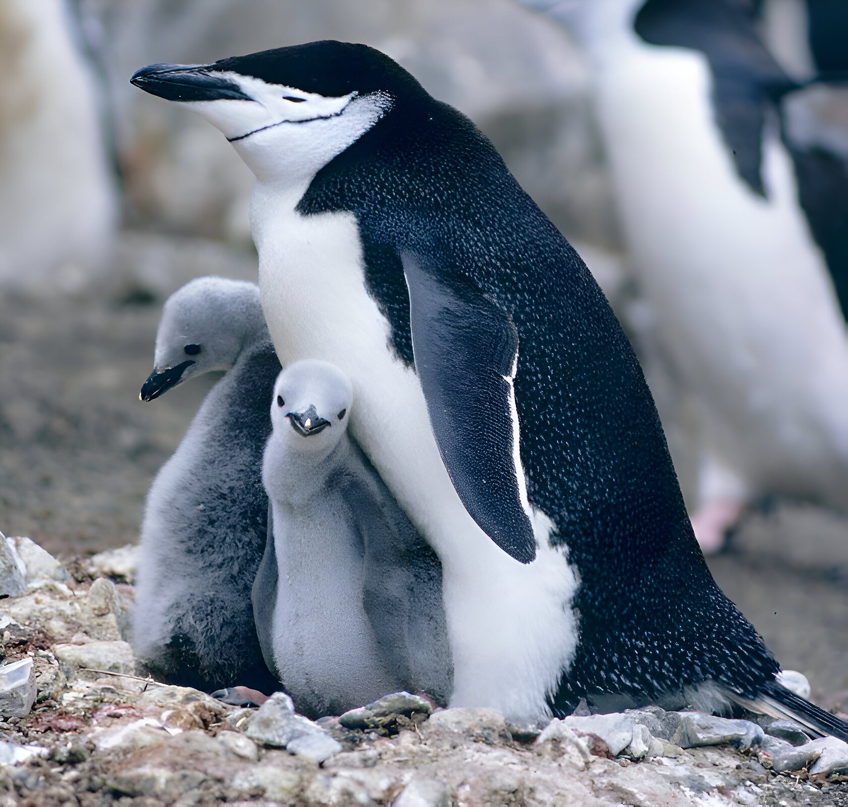 Zdjęcie przedstawia trzy pingwiny maskowe. Jeden jest dorosły, a dwa są młode. Dorosły pingwin jest czarno‑biały, średniej wielkości. Posiada dość gruby czarny dziób oraz podłużne skrzydła zwisające po bokach ciała. Młode pingwiny są szare. Posiadają krótkie czarne dzioby.