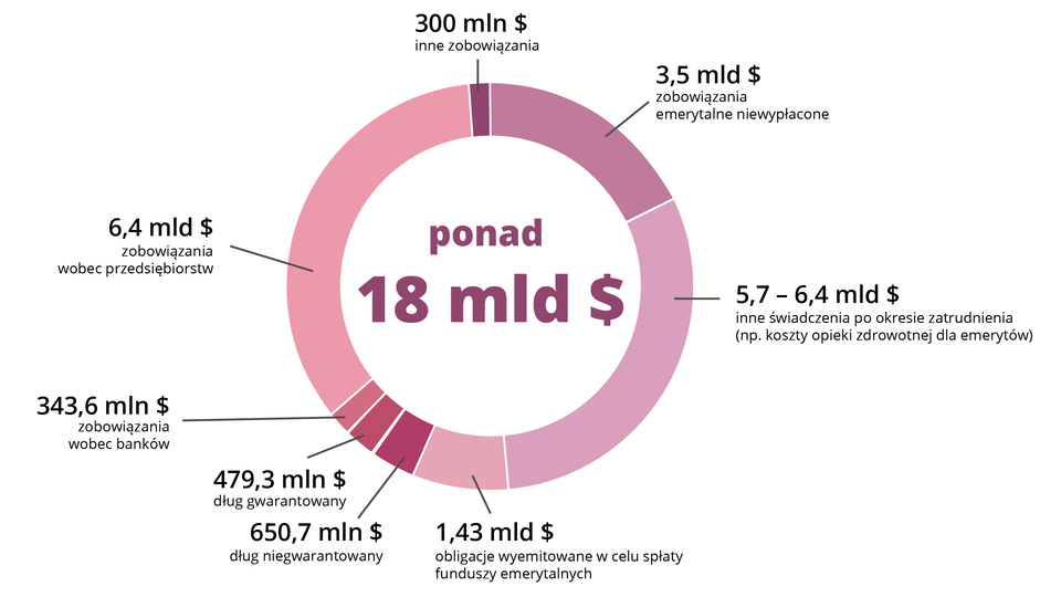 Wykres kołowy, w środku którego zapisano wartość: ponad 18 miliardów dolarów amerykańskich. Na wykresie oznaczono:  6,4 miliarda dolarów zobowiązania wobec przedsiębiorców, 5,7 - 6,4 miliarda dolarów inne świadczenia po okresie zatrudnienia, np. koszty opieki zdrowotnej dla emerytów; 3,5 miliarda dolarów zobowiązania emerytalne niewypłacone; 1,43 miliarda dolarów obligacje wyemitowane w celu spłaty funduszy emerytalnych; 650,7 miliona dolarów dług niegwarantowany; 479,3 miliona dolarów dług gwarantowany; 343,6 miliona dolarów zobowiązania wobec banków; 300 milionów dolarów inne zobowiązania.