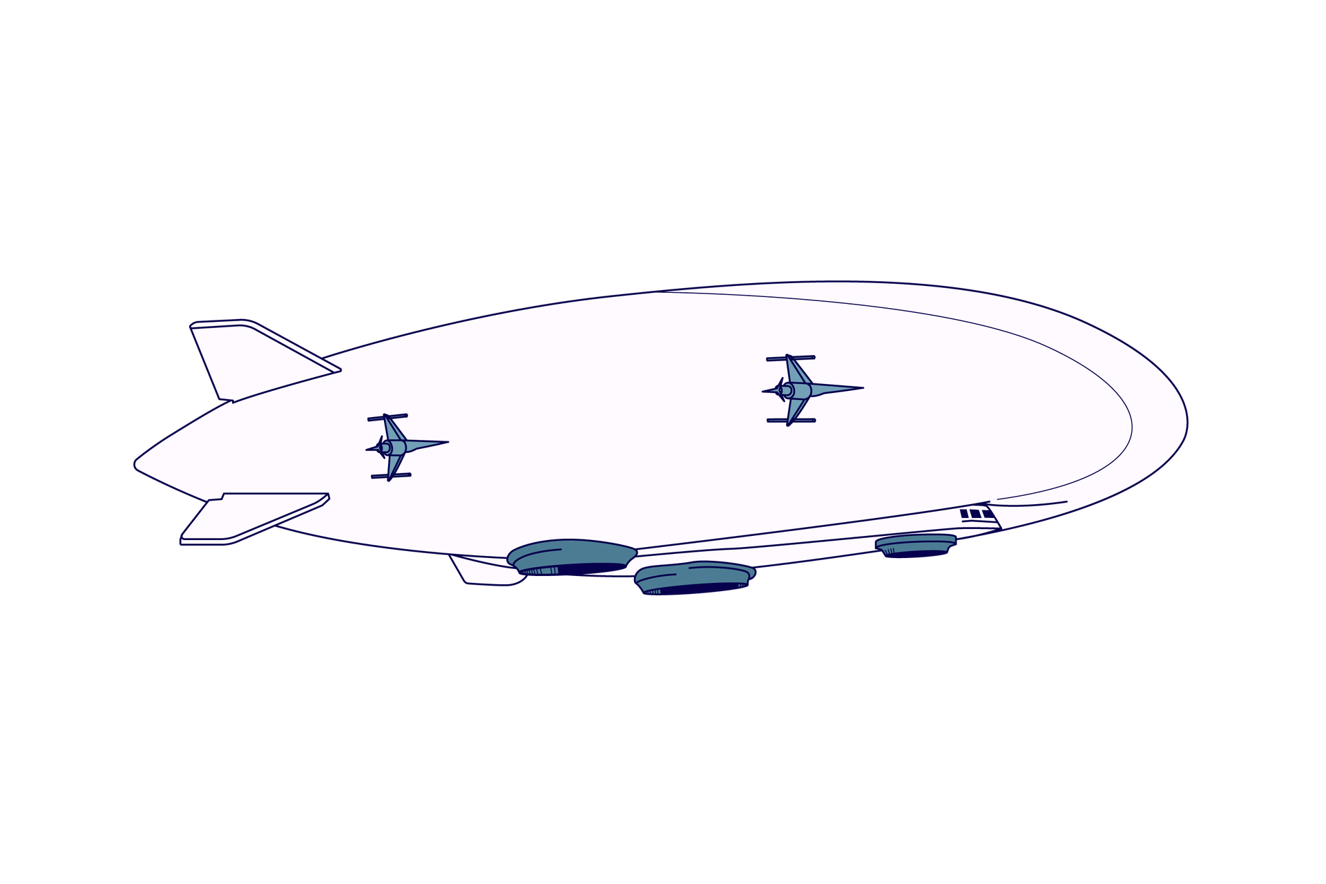 Ilustracja przedstawia sterowiec. Ma on kształt wydłużonej łzy ze statecznikami na zaostrzonym tyle. Na boku balona są dwa silniki służące do sterowania sterowcem w locie. Poniżej balonu znajdują się podwieszone trzy kabiny.