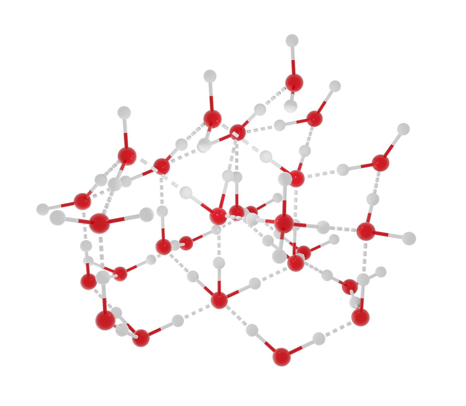 Na grafice przedstawiono asocjację 24 cząsteczek wody. Modele cząsteczek wody zbudowane są z trzech kulek: jednej czerwonej będącej atomem tlenu i dwóch białych będących atomami wodoru. Pomiędzy atomami w obrębie jednej cząsteczki znajdują się wiązania pojedyncze. Cząsteczki wody łączą się między sobą za pomocą wiązania wodorowego pomiędzy atomami tlenu jednej cząsteczki wody, a atomem wodoru drugiej cząsteczki wody. Wiązania wodorowe zostały przedstawione jako białe, przerywane linie łączące atom wodoru jednej cząsteczki z atomem tlenu drugiej cząsteczki.