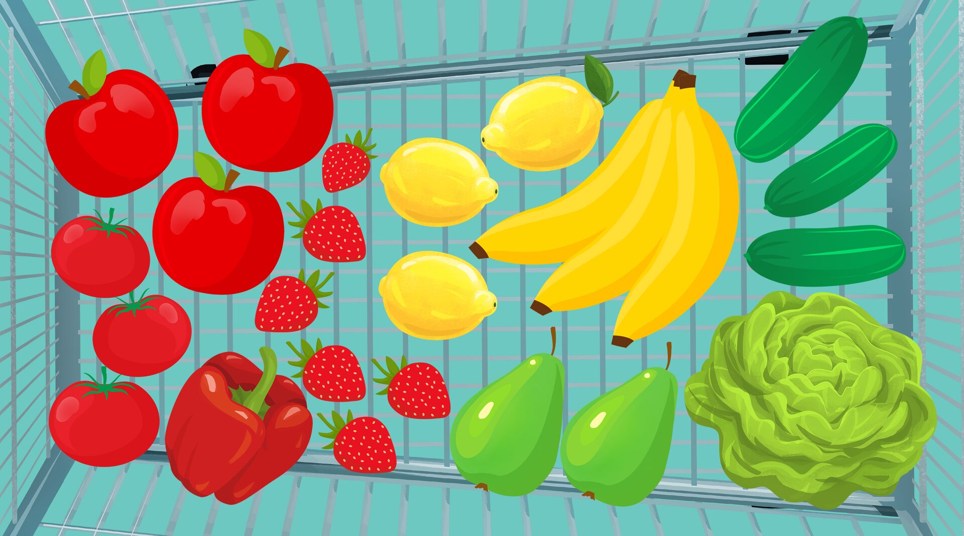 Ilustracja przedstawia zakupy w koszyku. Po lewej stronie znajdują się jabłka, pomidory, truskawki i papryka. Obok są cytryny i banany. Z prawej strony leżą ogórki, gruszki i sałata.