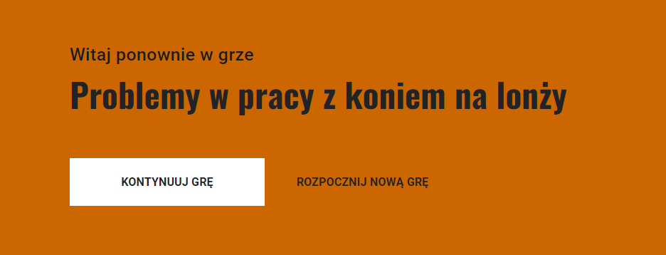 Widok ekranu gry umożliwiającego kontynuację lub wybór nowej gry. Widoczna jest ramka pomarańczowego koloru. Na niej znajduje się napis: Witaj ponownie w grze. Pod nim widać tytuł: Problemy w pracy z koniem na lonży. Na dole na małym prostokącie koloru białego znajduje się napis: Kontynuuj grę.