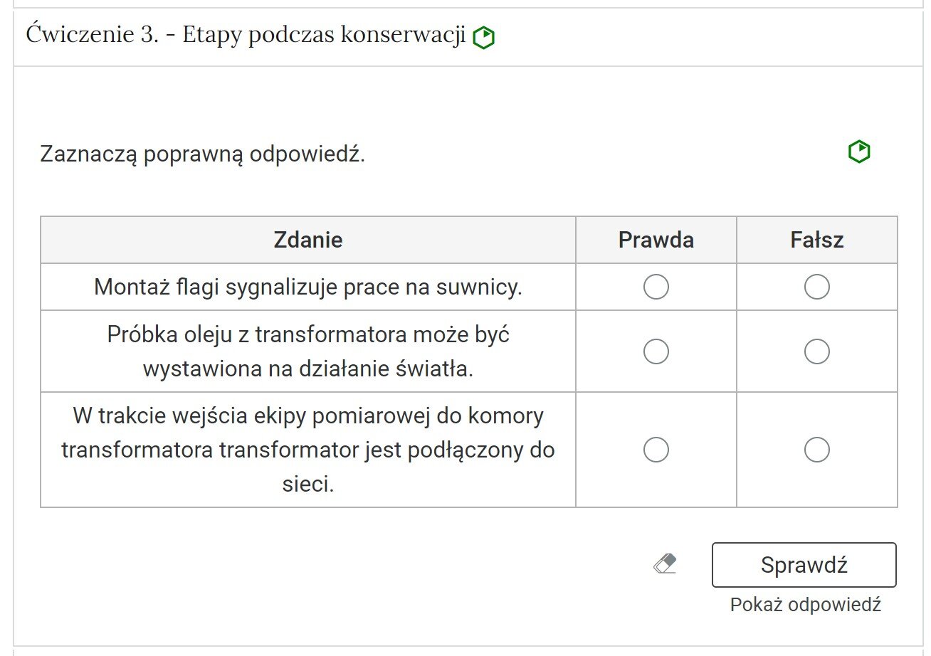 Zrzut ekranu przedstawia otwartą przykładową zakładkę z harmonii z ćwiczeniami interaktywnymi. Harmonia składa się z zakładek w formie poziomych pasków jeden pod drugim. Na każdym pasku znajduje się numer ćwiczenia i tytuł odnoszący się do partii materiału, której dotyczy oraz z poziomu trudności. Ćwiczenie trzy. Etapy podczas konserwacji. Poziom łatwy. Zakładka z ćwiczeniem jest otwarta. Ma ona kształt dużego prostokąta. W nim widoczne jest polecenie oraz ćwiczenie w formie tabeli, w którym należy ocenić prawdziwość podanych zdań. Na poziomie polecenia po prawej stronie znajduje się oznaczenie poziomu: łatwy. Pod tabelą znajdują się dwa przyciski: wyczyść, po kliknięciu którego usuwane są wszystkie naniesione odpowiedzi, oraz przycisk sprawdź.