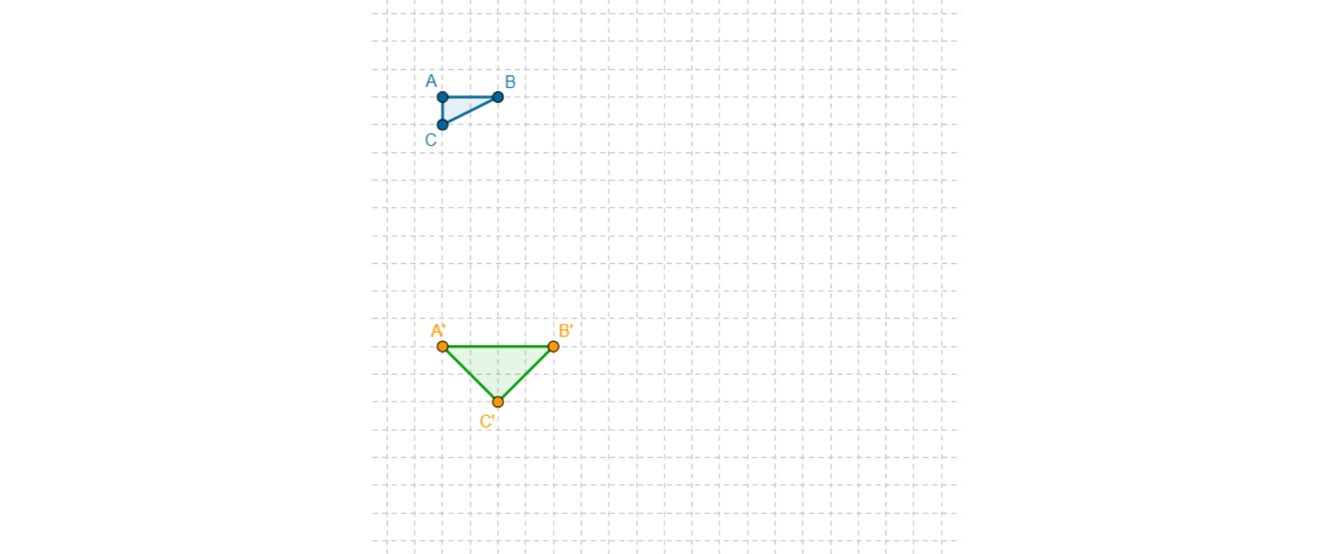 Na rysunku przedstawiony jest trójkąt ABC oraz trójkąt A prim B prim C prim. Trójkąt A prim B prim C prim należy przekształcić tak, aby był obrazem trójkąta ABC w podanej w zadaniu skali.