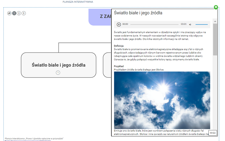 Przykładowy widok grafiki interaktywnej po kliknięciu w przycisk interaktywny. Po prawej stronie pojawia się plansza z tytułem części, w którą kliknięto, zdjęcie i opis, a także nagranie dźwiękowe.