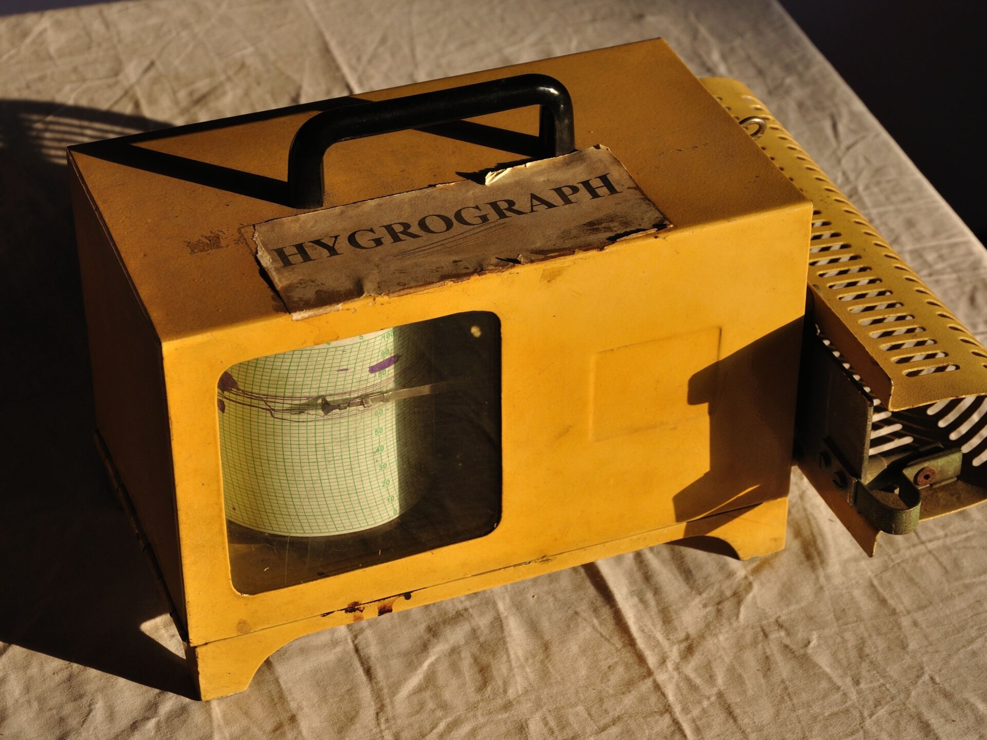 Fotografia przedstawiająca higrograf. Jest to metalowa skrzynka z rączką na górze do przenoszenia. W skrzynce wycięty jest szklane okno, przez które widać rolkę papieru umieszczoną pionowo i dotykający ją, wychodzący z prawej strony metalowy pręt zapisujący wykres na kręcącej się rolce.