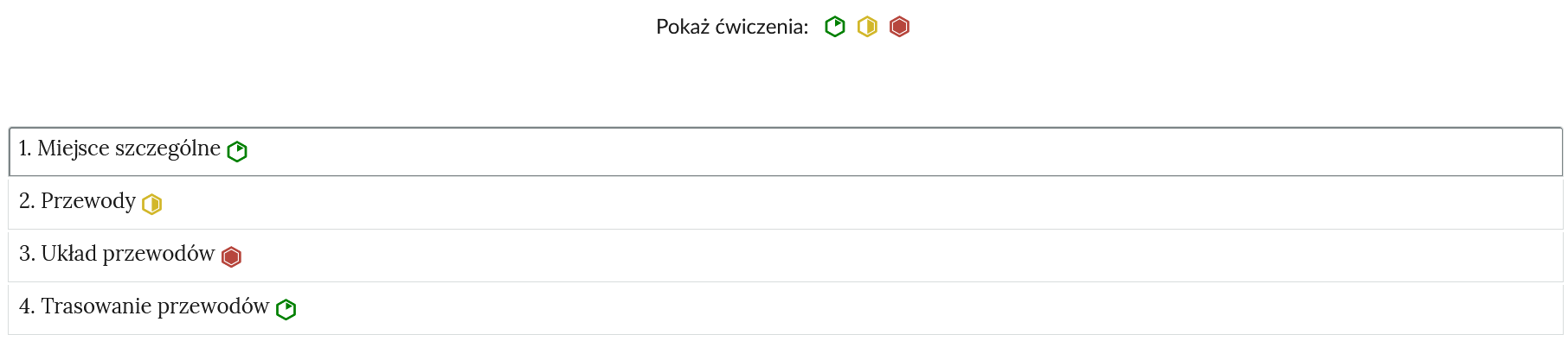 Ilustracja przedstawia przykładowy wygląd zakładek zawierających interaktywne materiały sprawdzające. Na zdjęciu jest to rząd umieszczonych pod sobą ćwiczeń wraz z ich tytułami. Każde ćwiczenie jest oznaczone znaczkiem określającym poziom trudności.