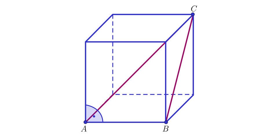 Ilustracja przedstawia sześcian z zaznaczoną przekątną bryły A C. Z punktu C poprowadzono również przekątną ściany bocznej B C. Powstał trójkąt prostokątny A B C z kątem prostym przy wierzchołku B.