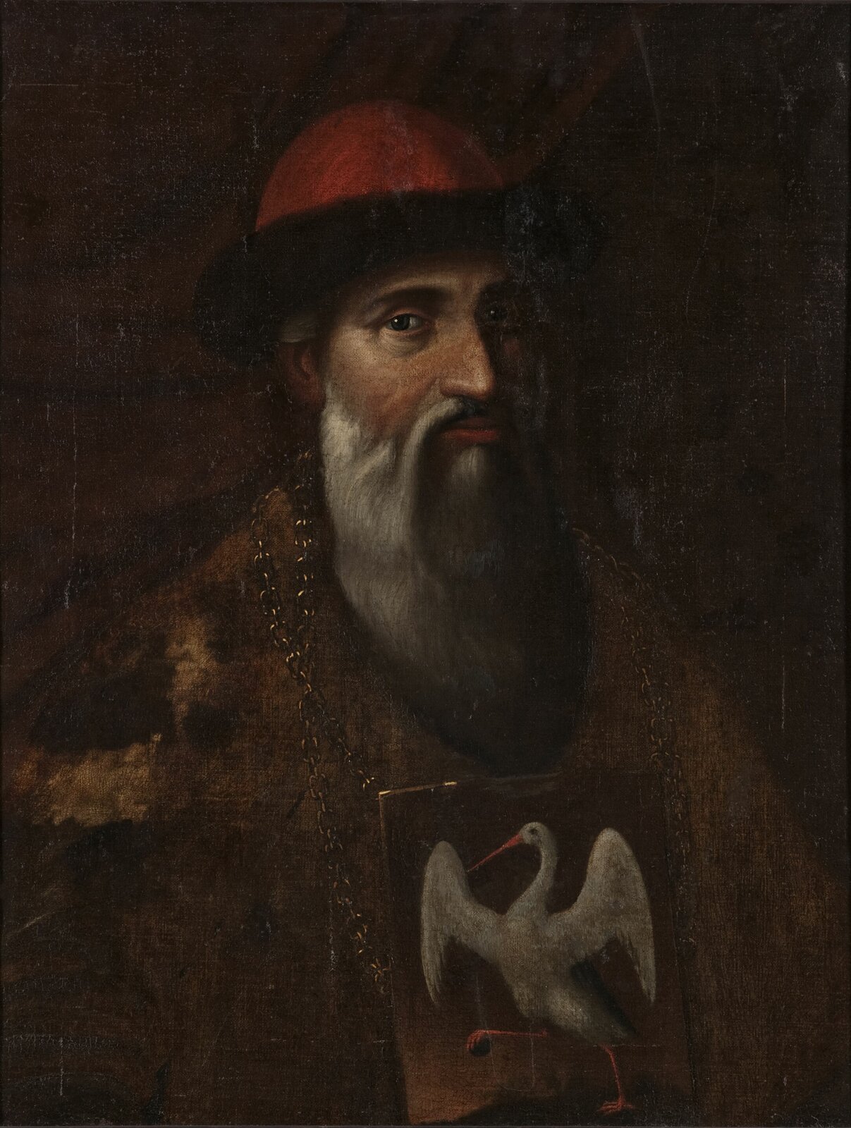 Obraz przedstawia portret alchemika w szubie i z czapką z futrzanym otokiem na głowie. Sylwetce starszego mężczyzny z długą brodą towarzyszy znak heraldyczny bociana, który widoczny jest na jego piersi..